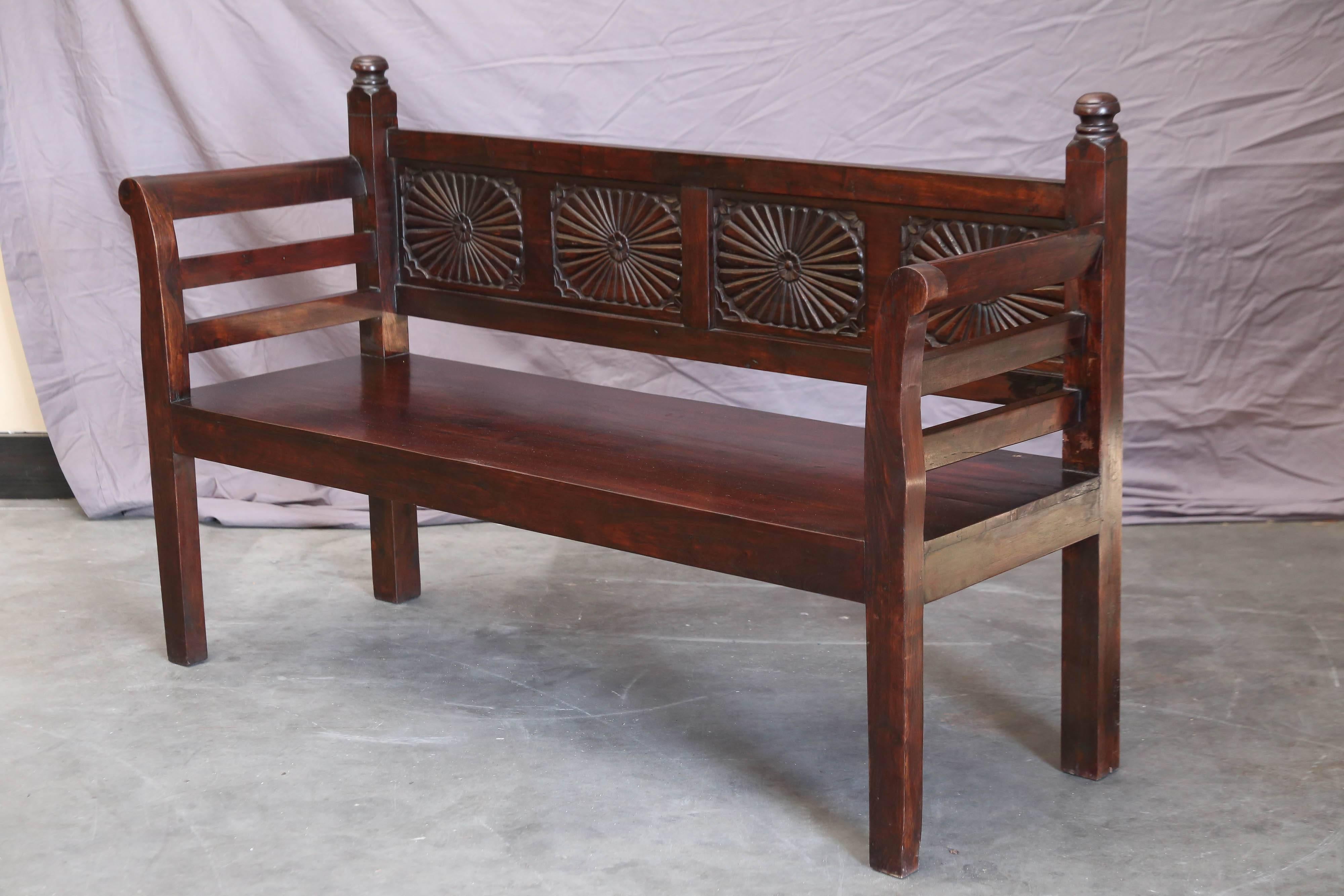 Anglo Raj 1910s Solid Teak Wood Robustly Made Bench with Sunburst Motif from a Grand Home