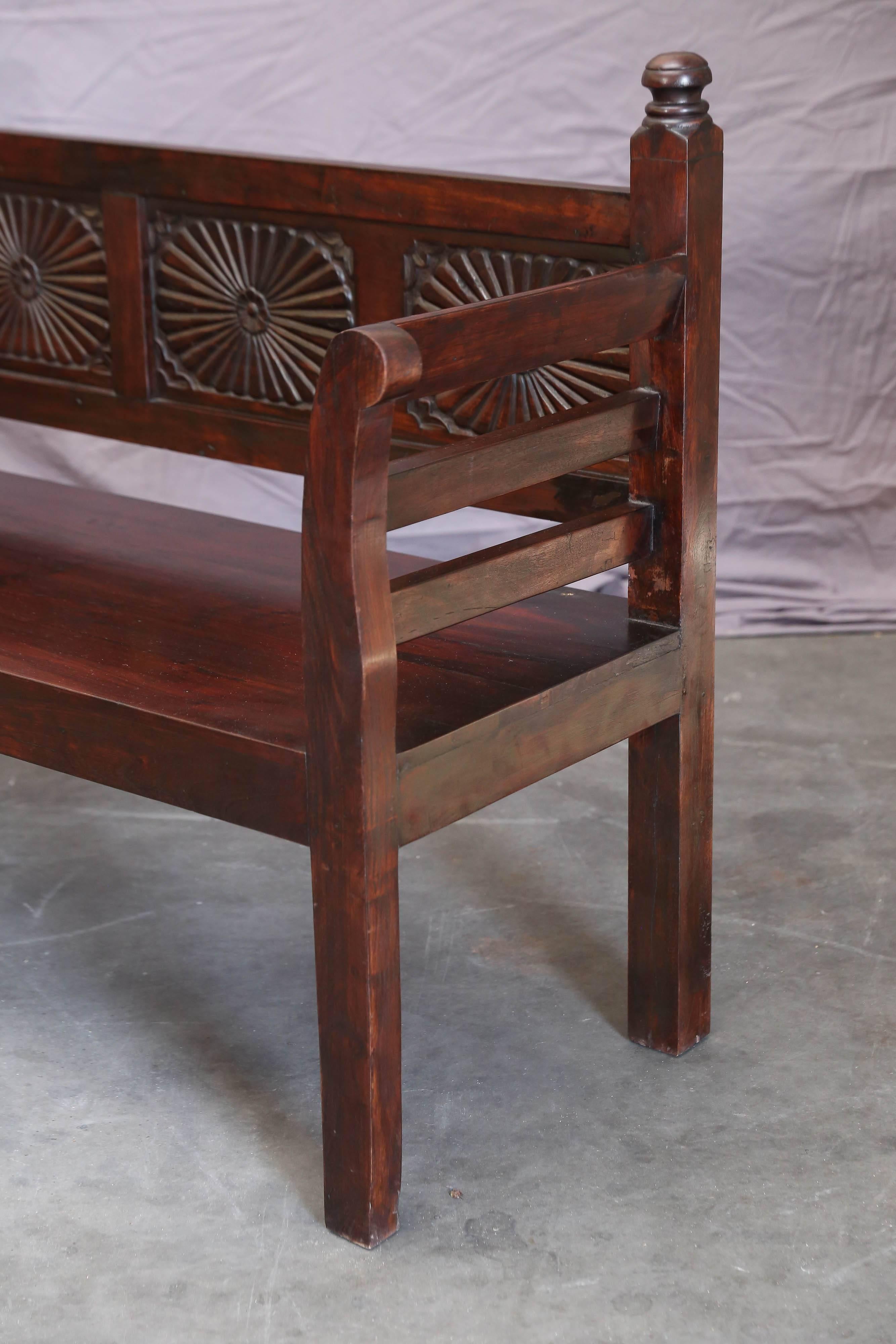 Asian 1910s Solid Teak Wood Robustly Made Bench with Sunburst Motif from a Grand Home