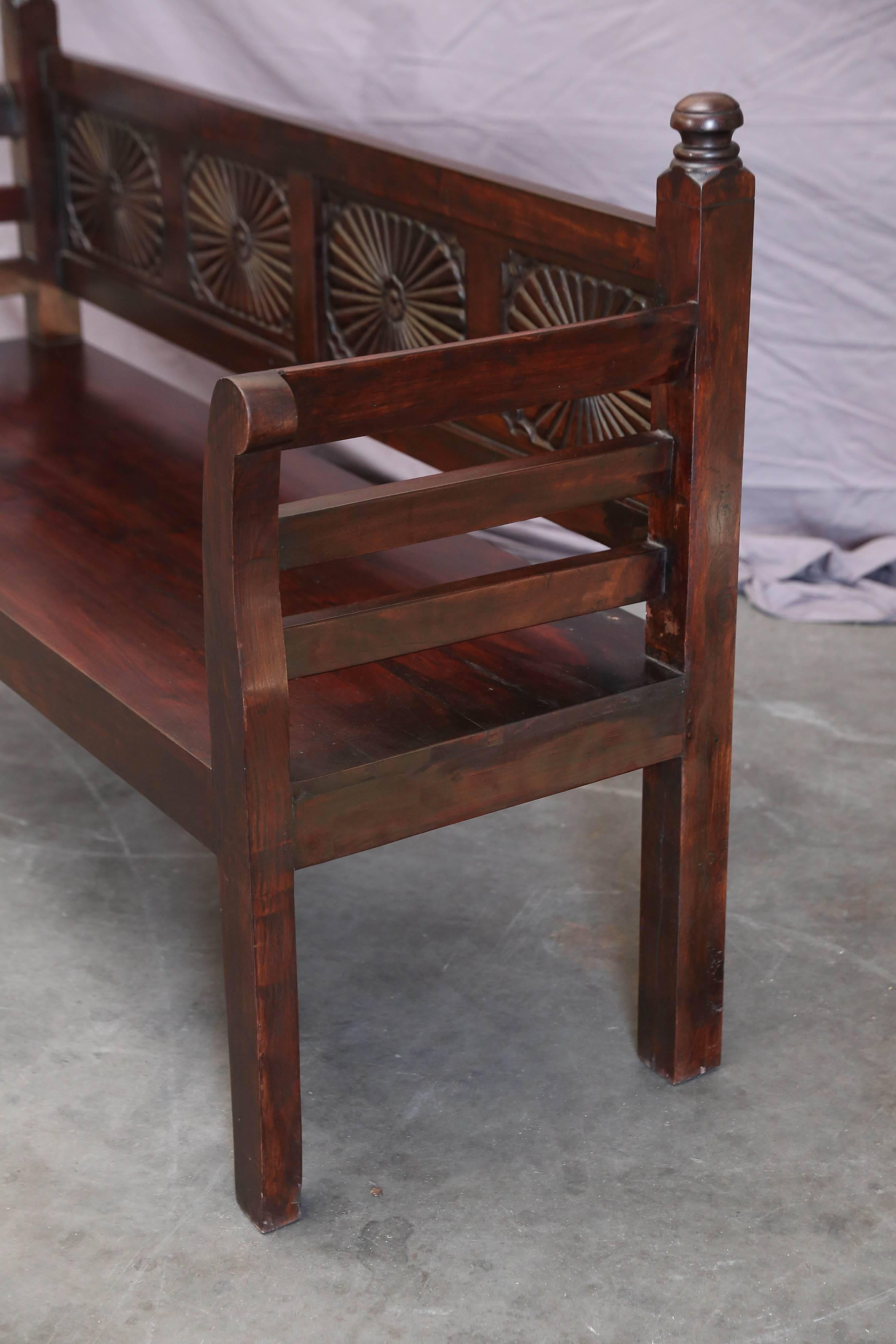 Hand-Crafted 1910s Solid Teak Wood Robustly Made Bench with Sunburst Motif from a Grand Home