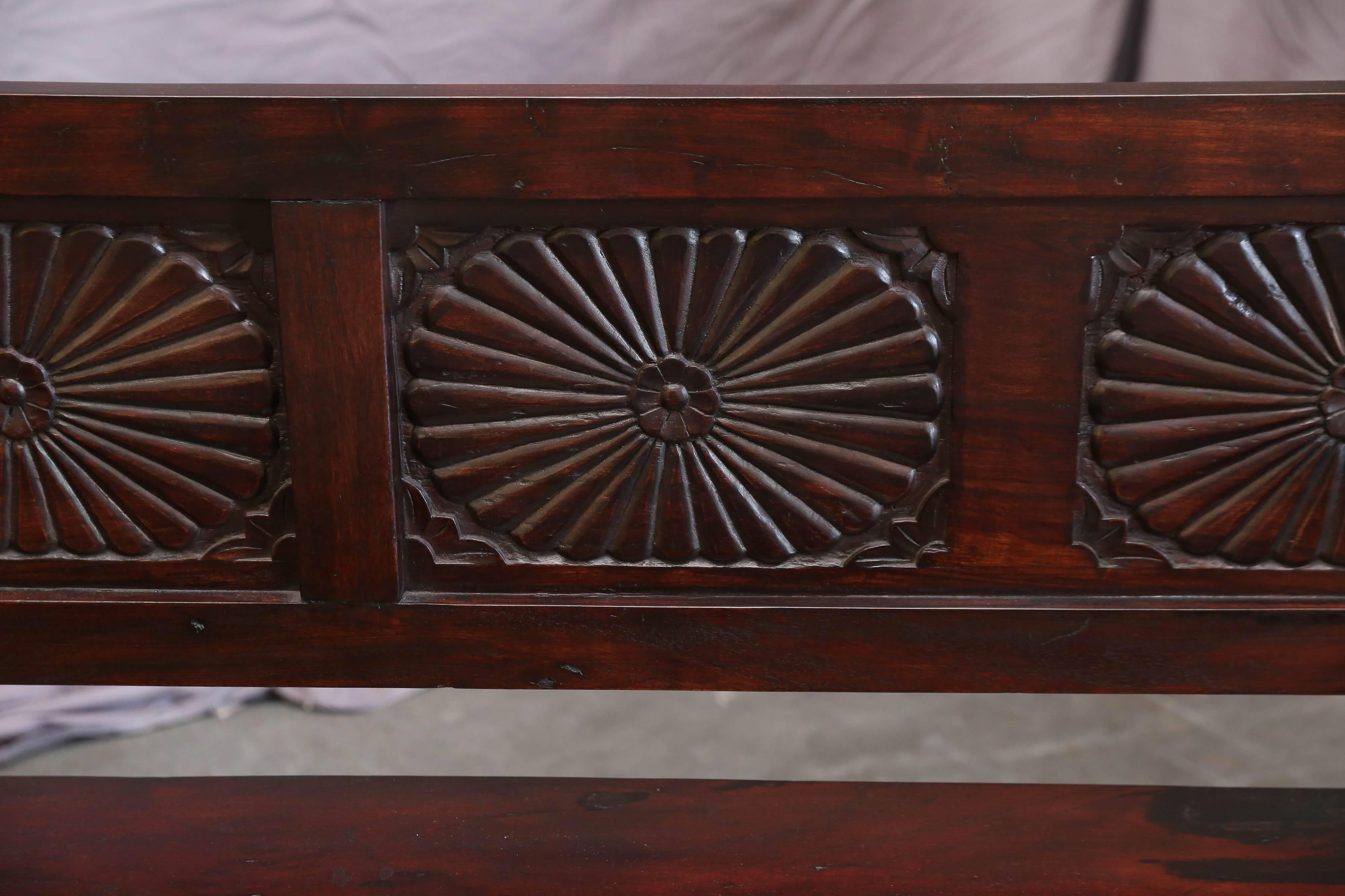 1910s Solid Teak Wood Robustly Made Bench with Sunburst Motif from a Grand Home In Excellent Condition In Houston, TX