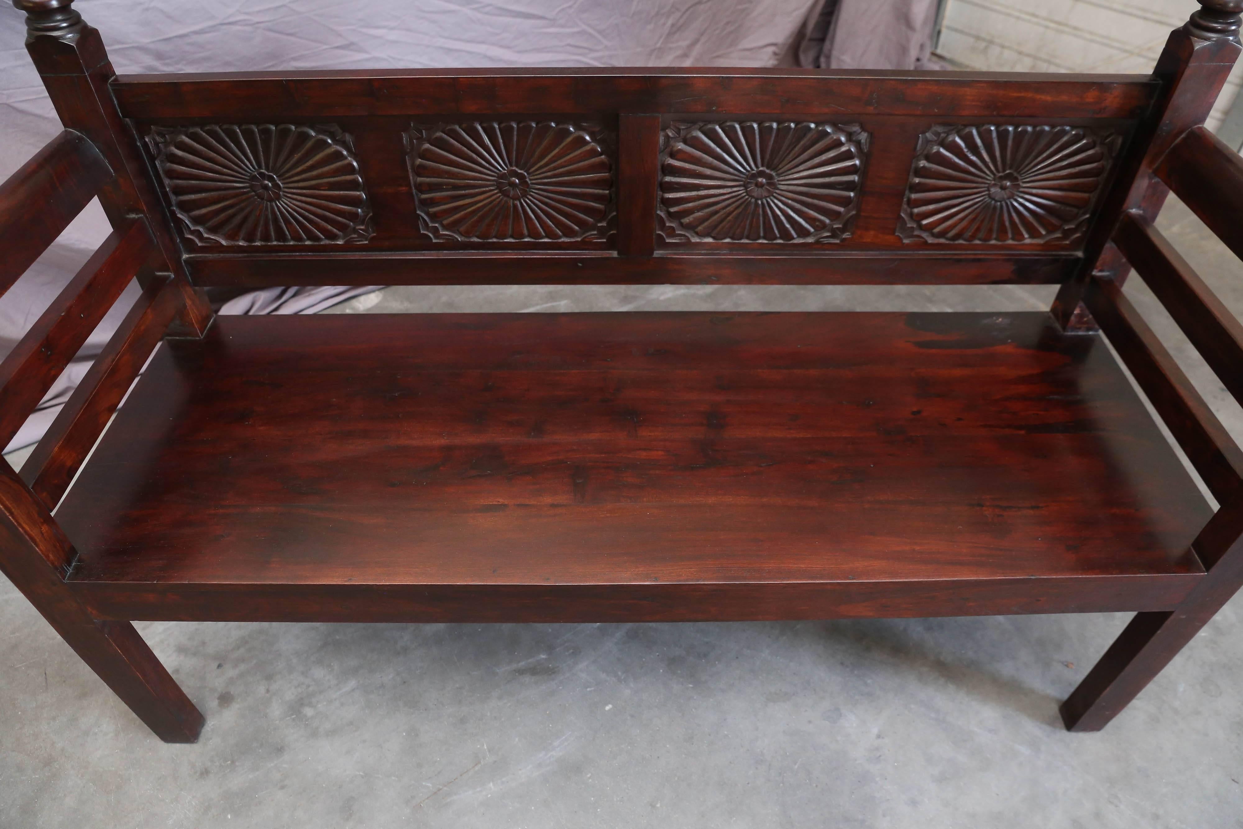 20th Century 1910s Solid Teak Wood Robustly Made Bench with Sunburst Motif from a Grand Home