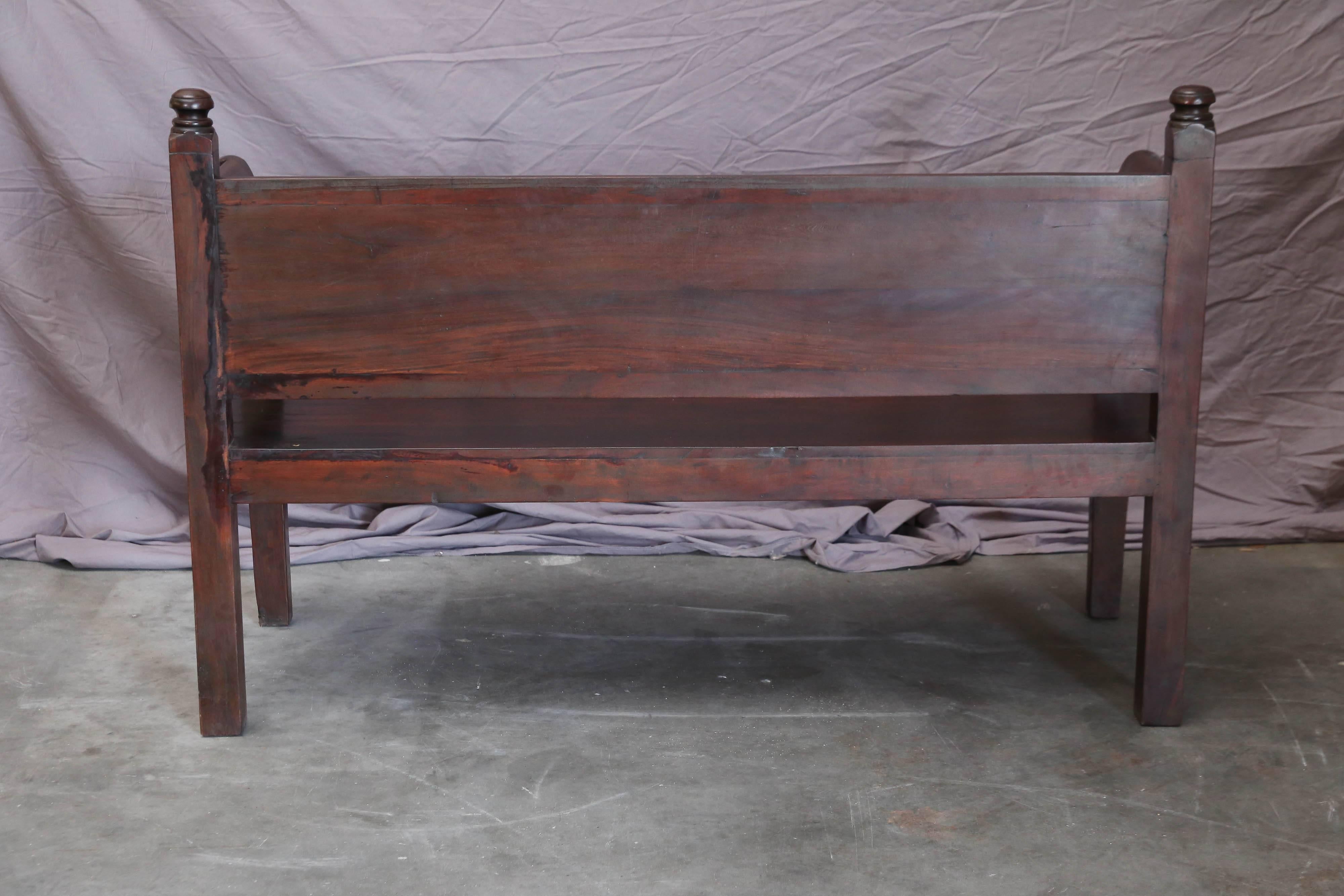 1910s Solid Teak Wood Robustly Made Bench with Sunburst Motif from a Grand Home 1