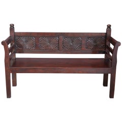 1910s Solid Teak Wood Robustly Made Bench with Sunburst Motif from a Grand Home