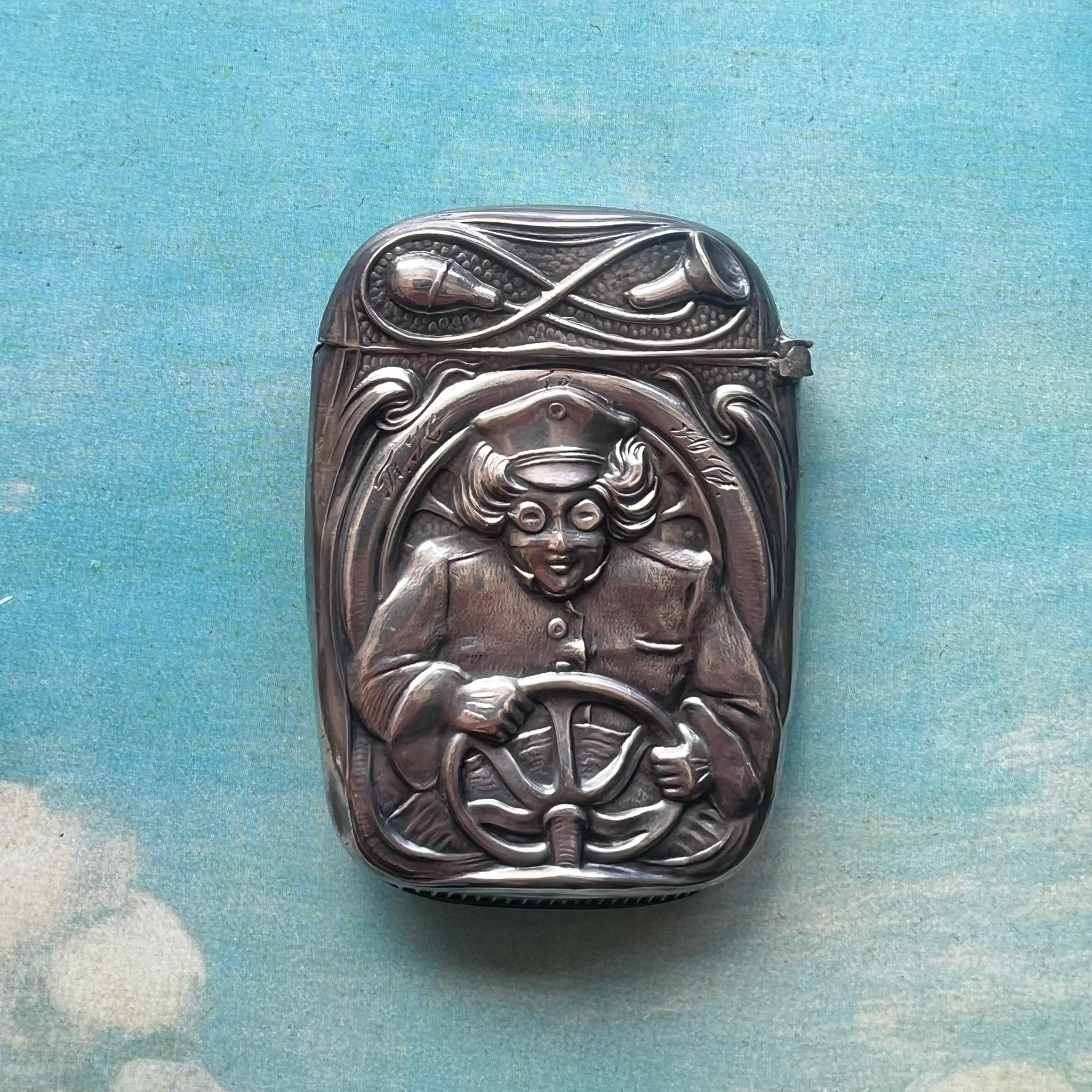 Art Nouveau 1910s Sterling Silver Blankinton Match Safe • Automobile Chauffeur Driver For Sale