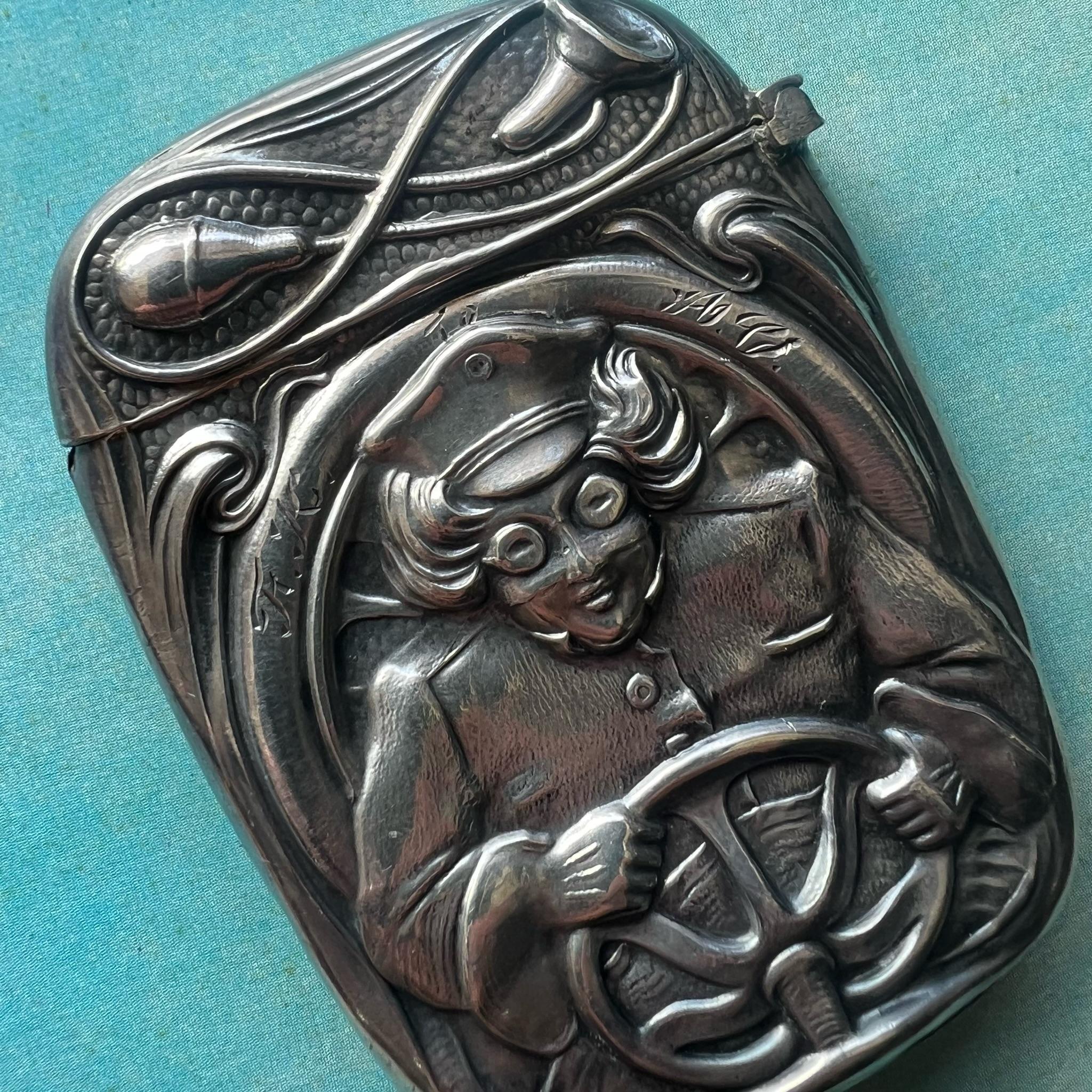 American 1910s Sterling Silver Blankinton Match Safe • Automobile Chauffeur Driver For Sale