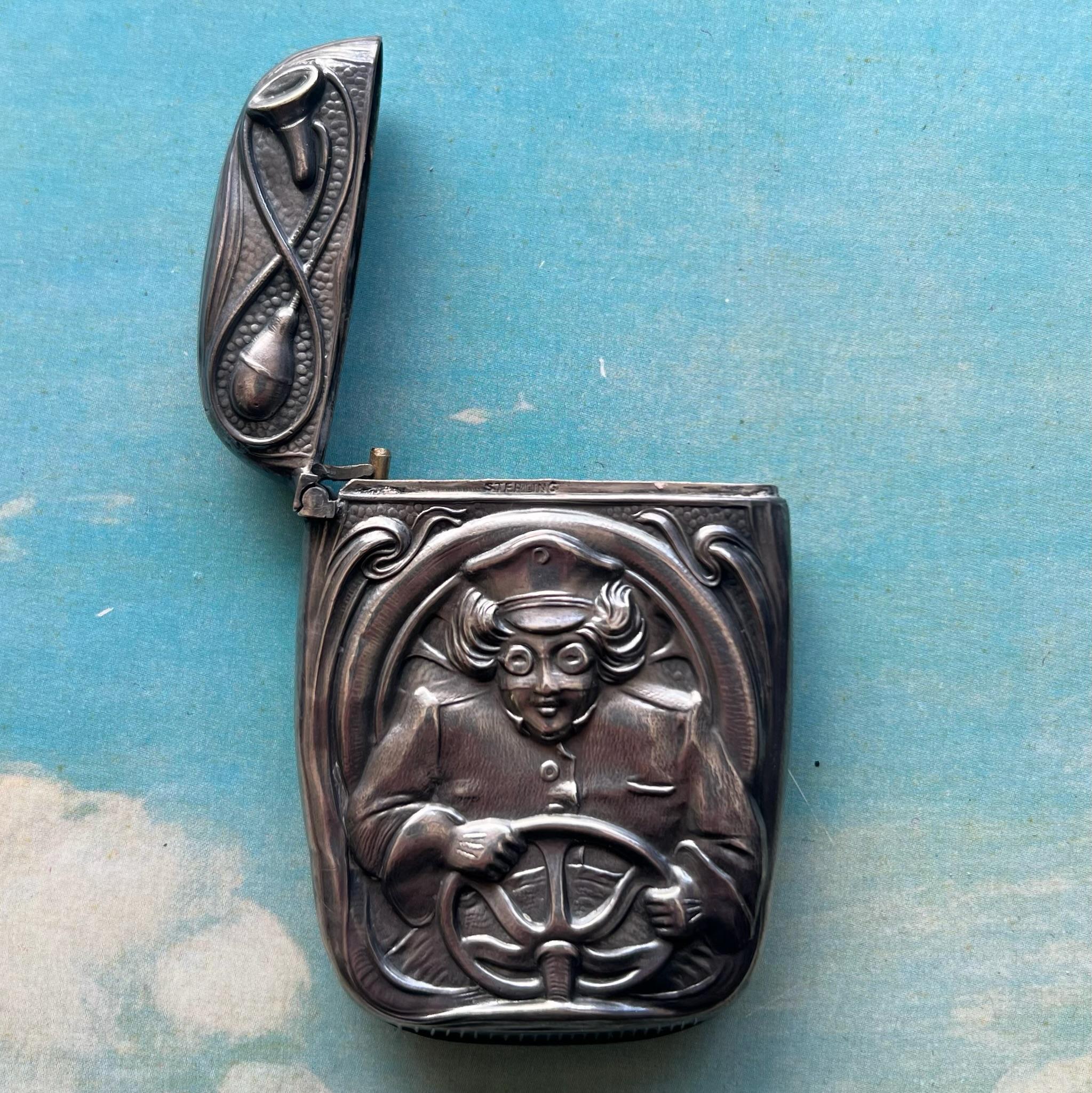 Repoussé 1910s Sterling Silver Blankinton Match Safe • Automobile Chauffeur Driver For Sale