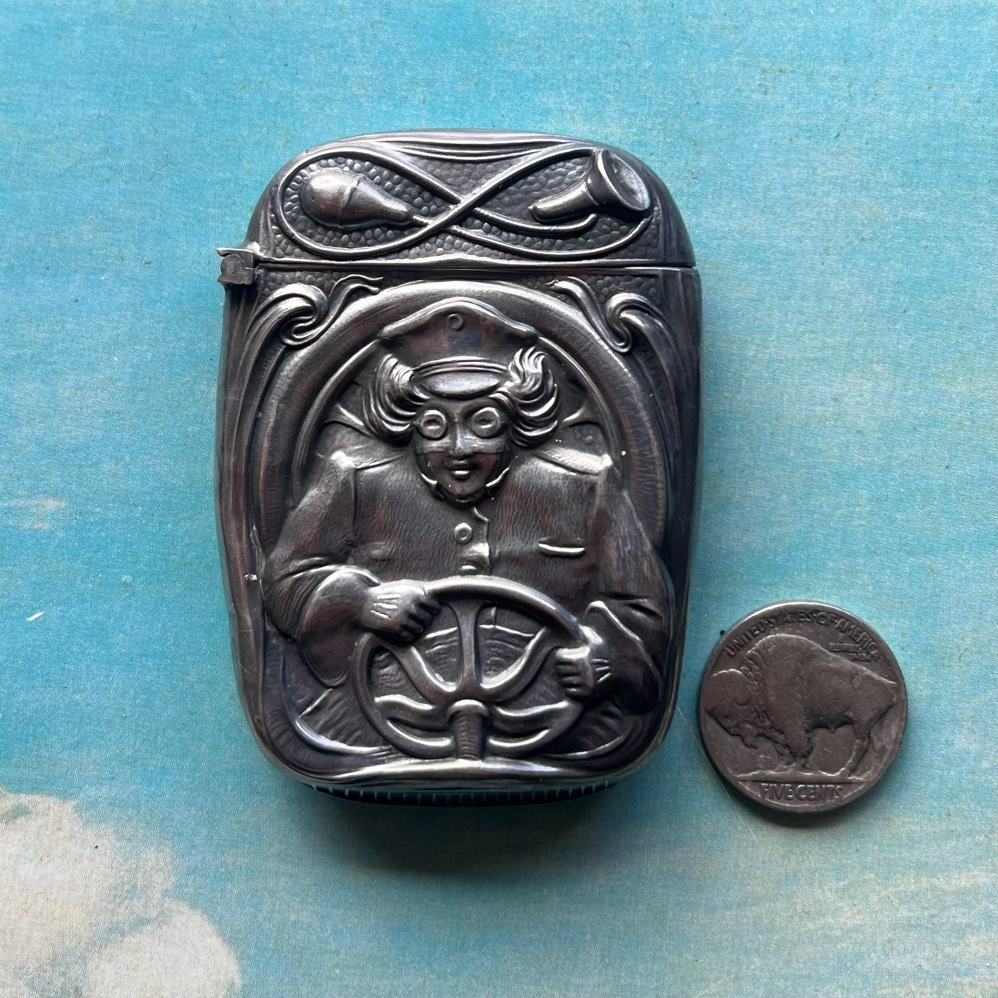 1910s Sterling Silver Blankinton Match Safe • Automobile Chauffeur Driver In Excellent Condition For Sale In Lancaster, PA