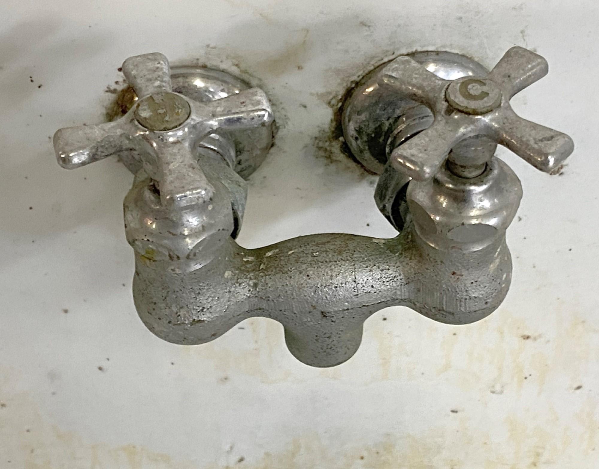 North American 1910s Trough Gang Farmhouse or Work Room Sink with Original Nickel Faucets