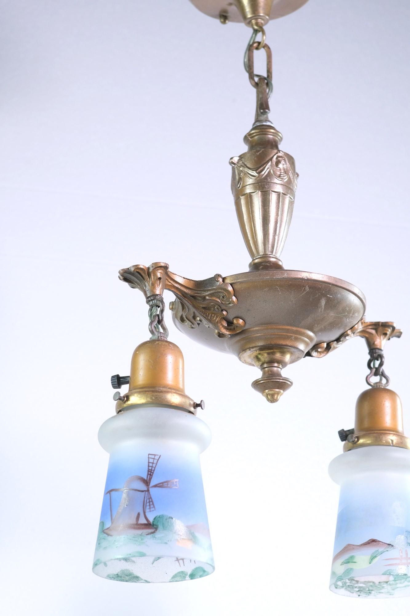 1910s Victorian Brass Pendant Light W/ 2 Hand Painted Glass Shades Scenic Design 4