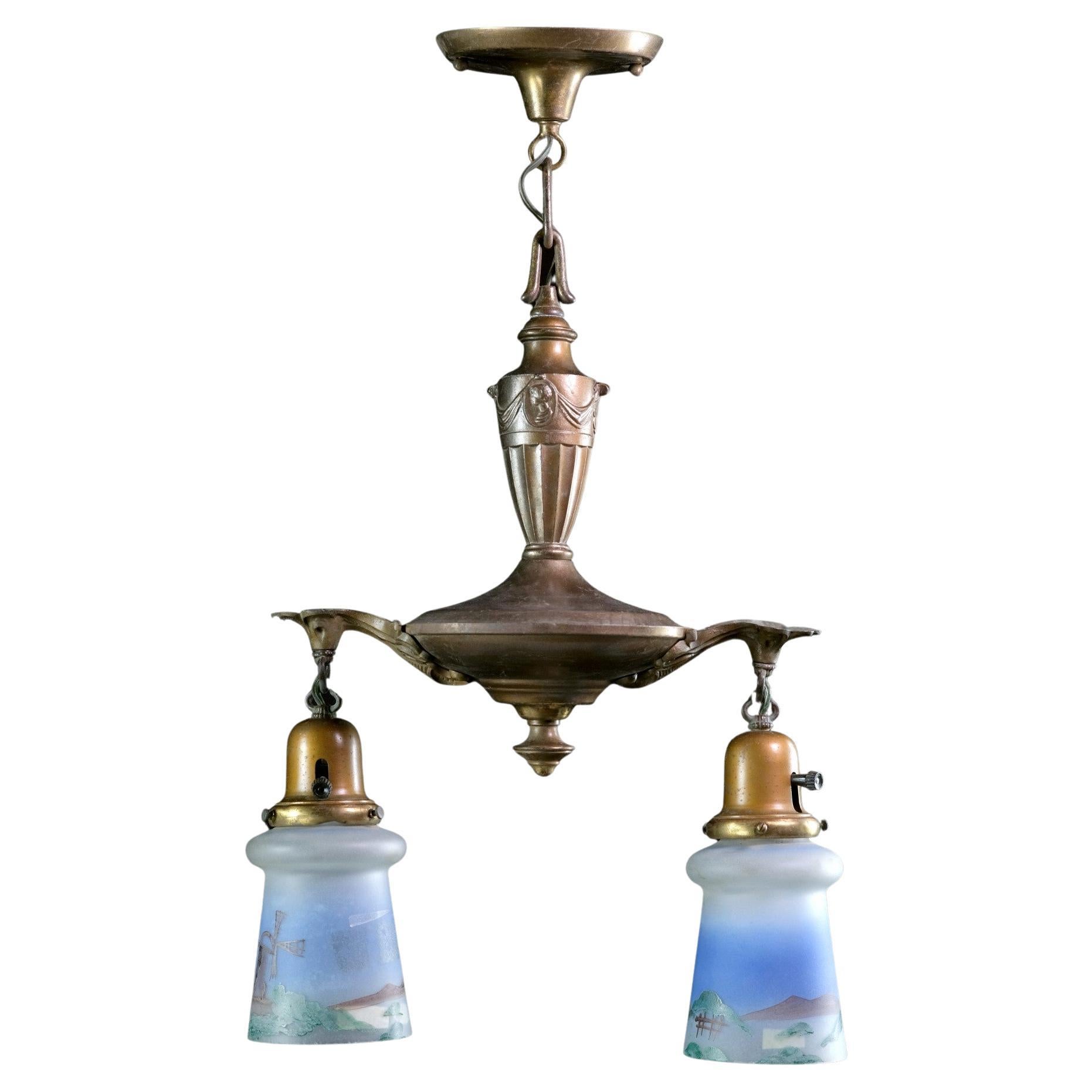1910s Victorian Brass Pendant Light W/ 2 Hand Painted Glass Shades Scenic Design