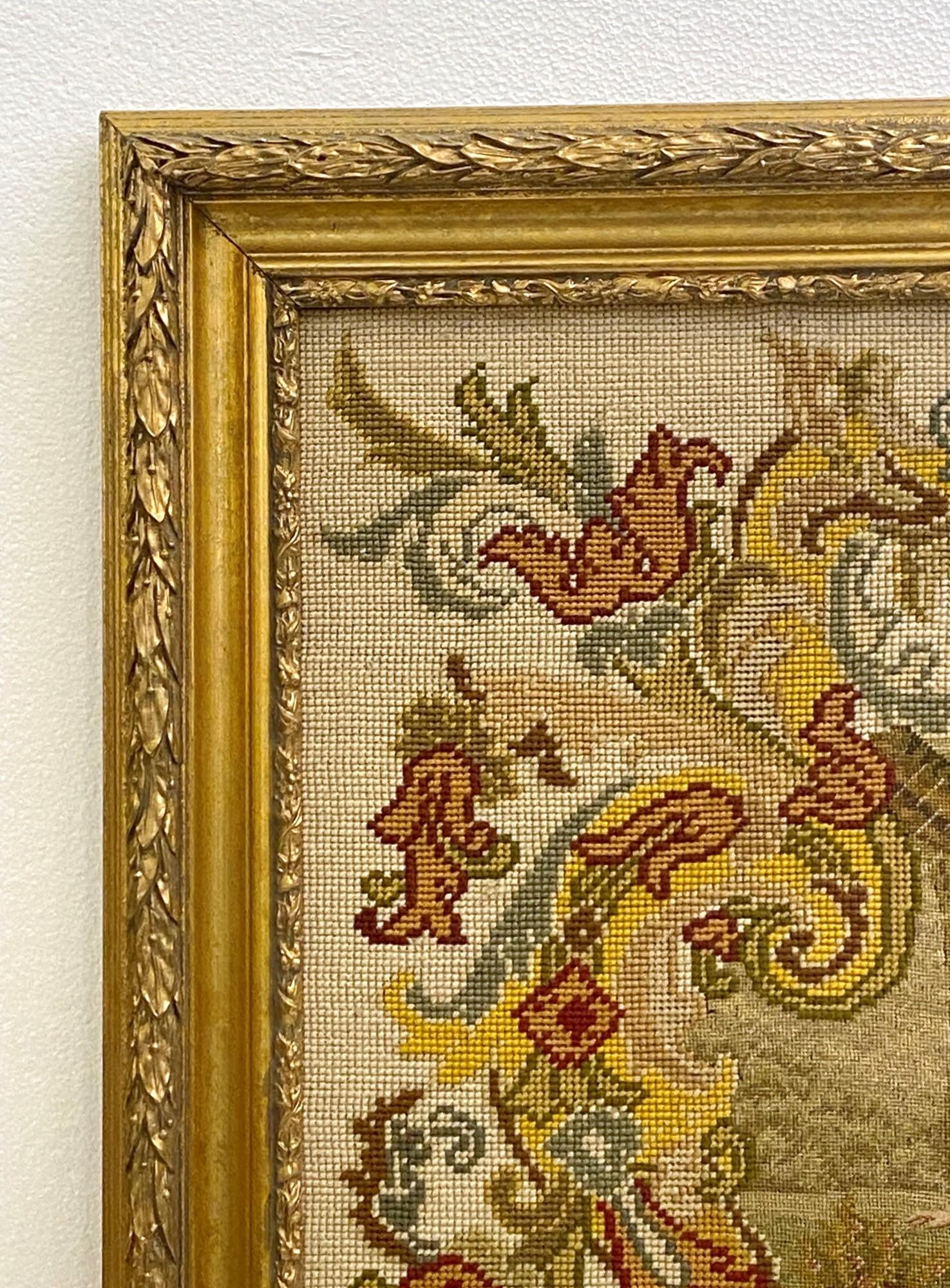 This 1910s Victorian figural scenic needlepoint was reframed in the 1970s in a gold gilded ornate wood frame. This was reclaimed from a Park Ave building in Midtown Manhattan.