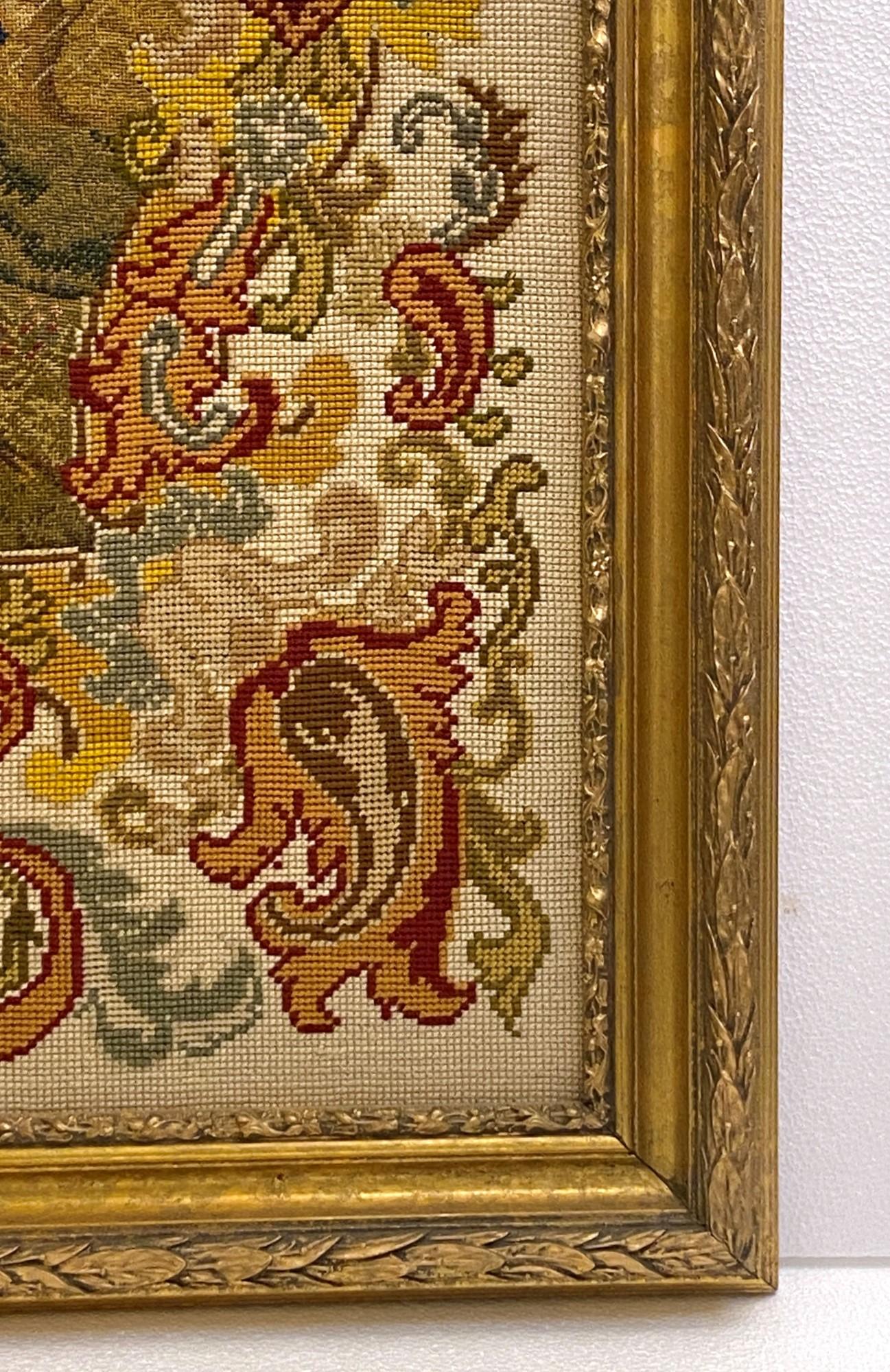 American 1910s Victorian Figural Needlepoint with a Gold Gilt Wood Frame from Park Ave