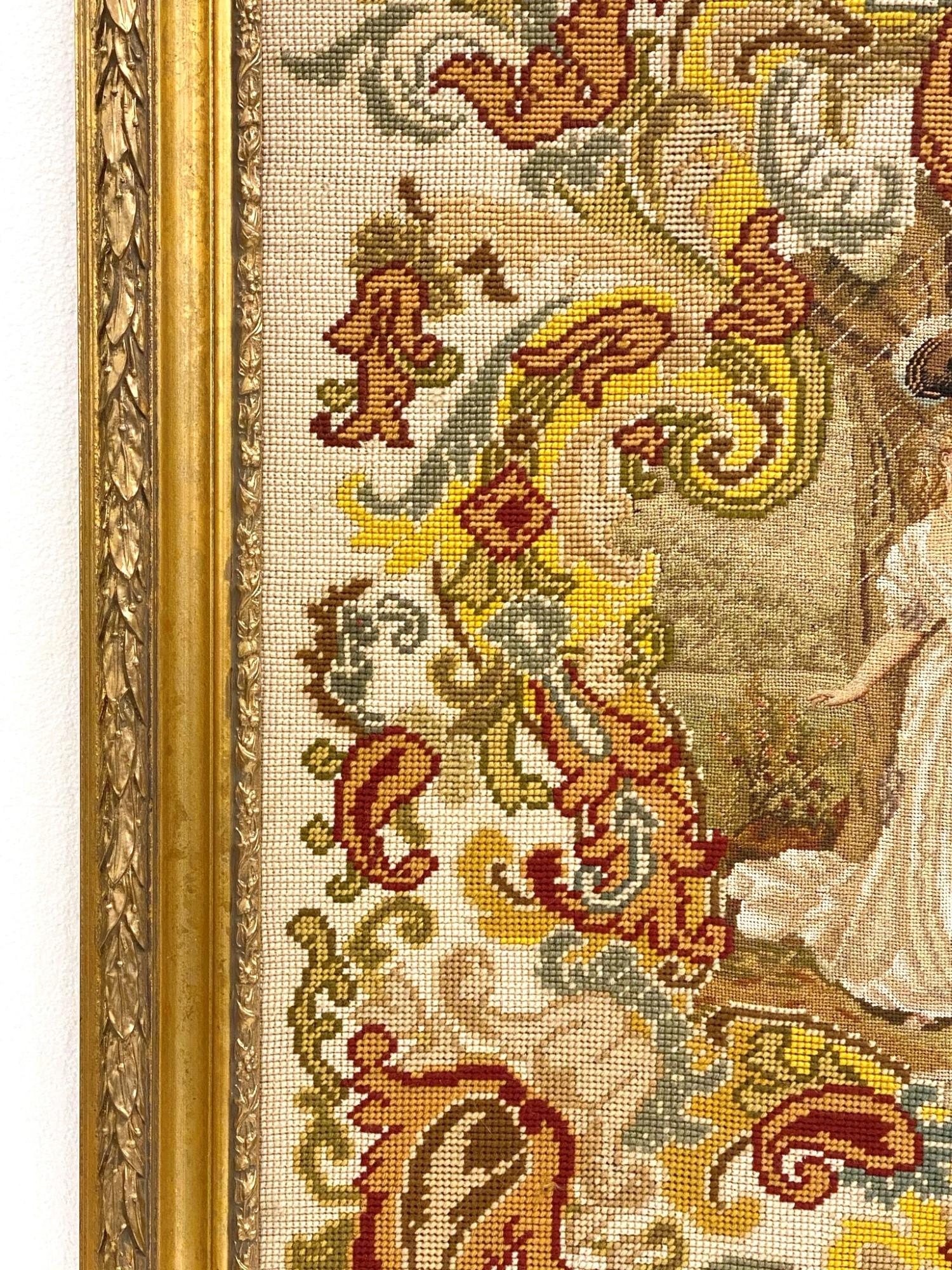 1910s Victorian Figural Needlepoint with a Gold Gilt Wood Frame from Park Ave In Good Condition In New York, NY