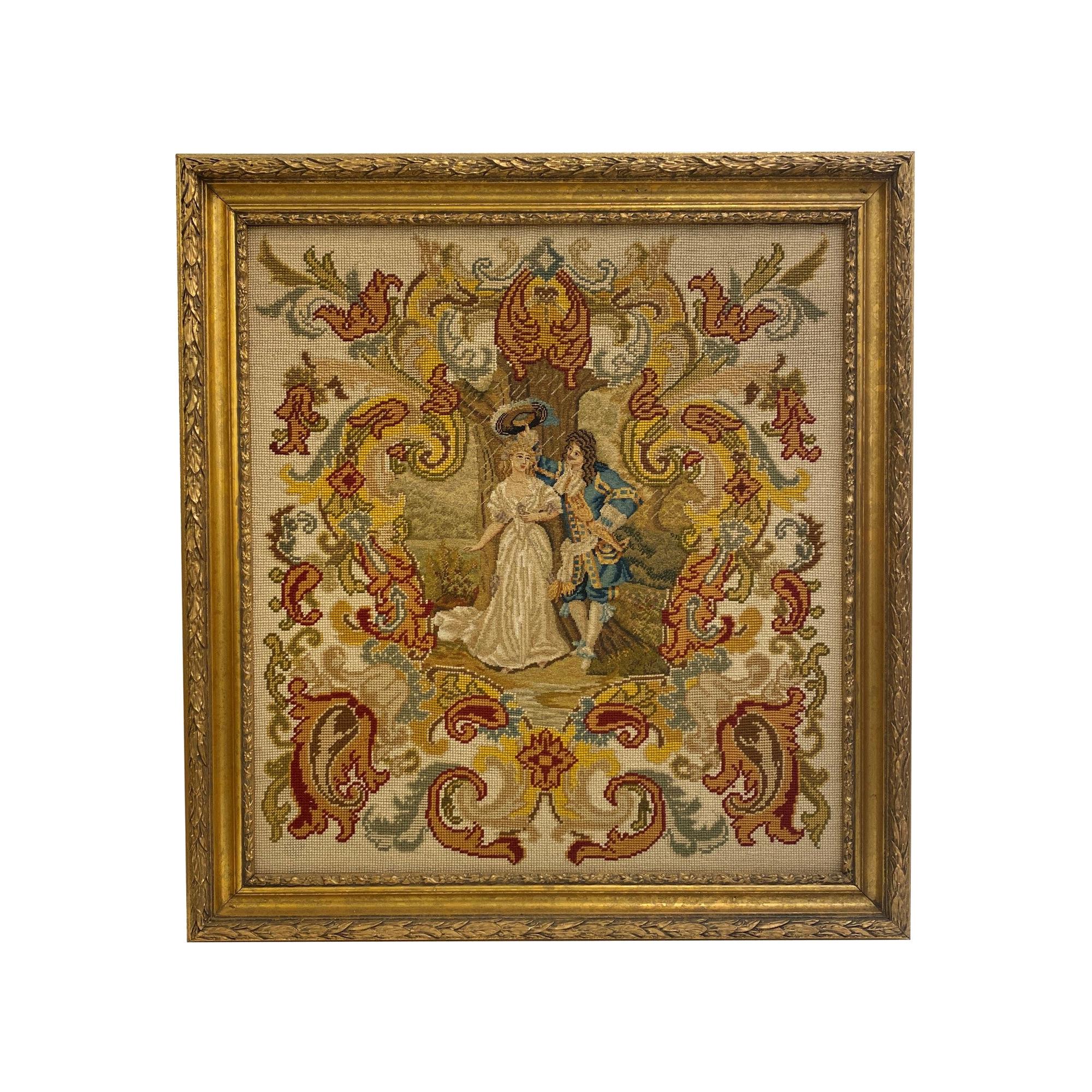 1910s Victorian Figural Needlepoint with a Gold Gilt Wood Frame from Park Ave