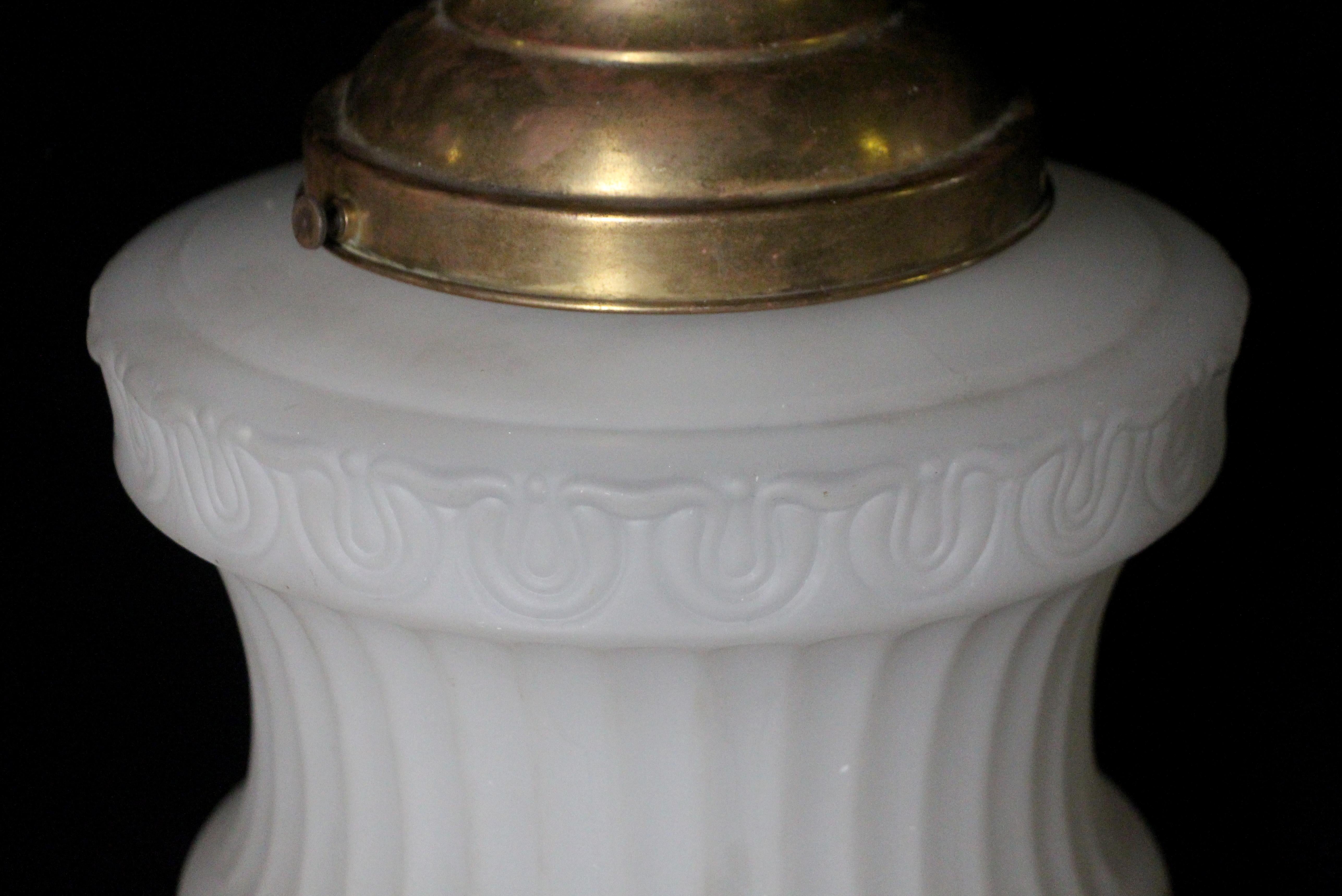American 1910s Victorian Fluted White Glass Pendant Light w/ Brass Hardware