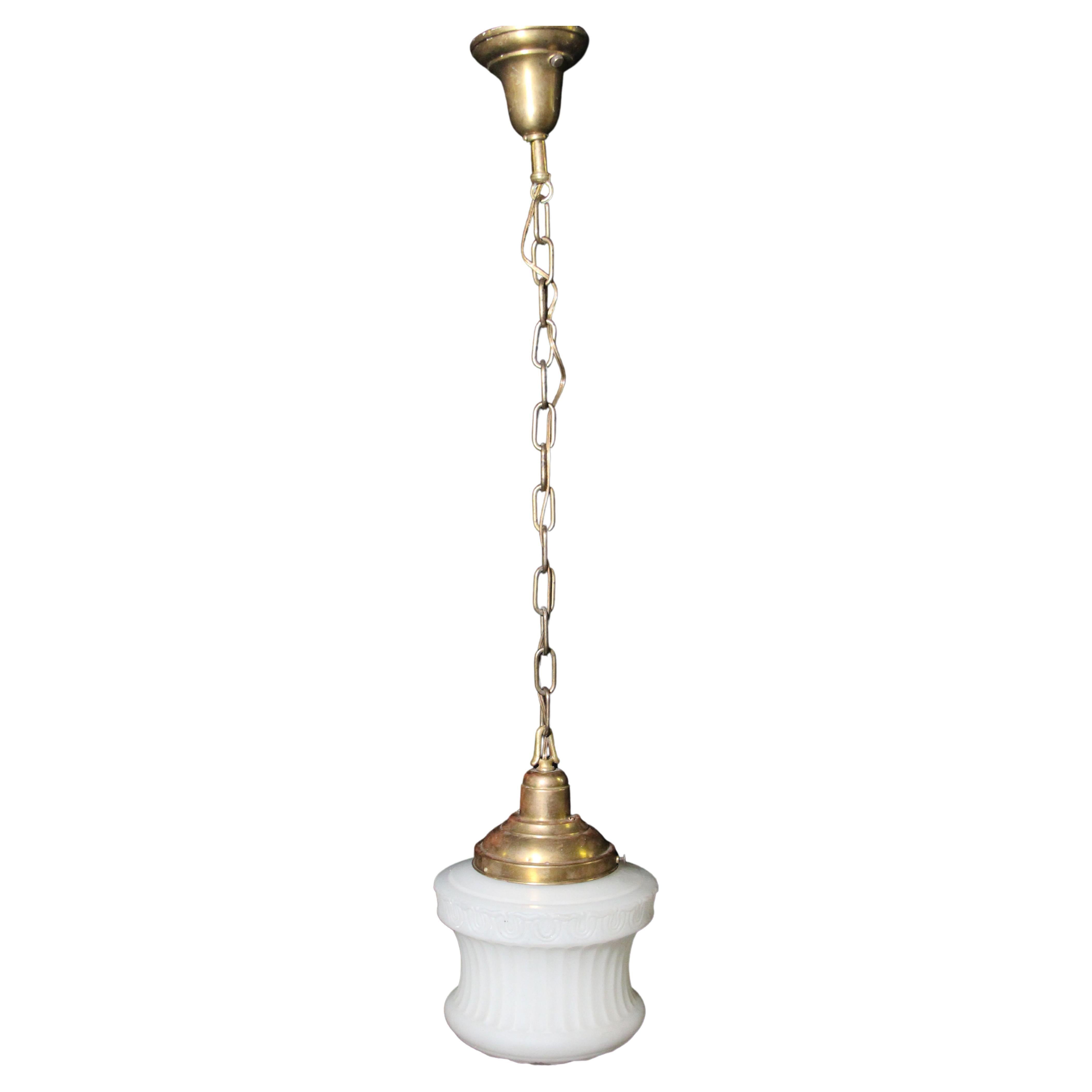 1910s Victorian Fluted White Glass Pendant Light w/ Brass Hardware