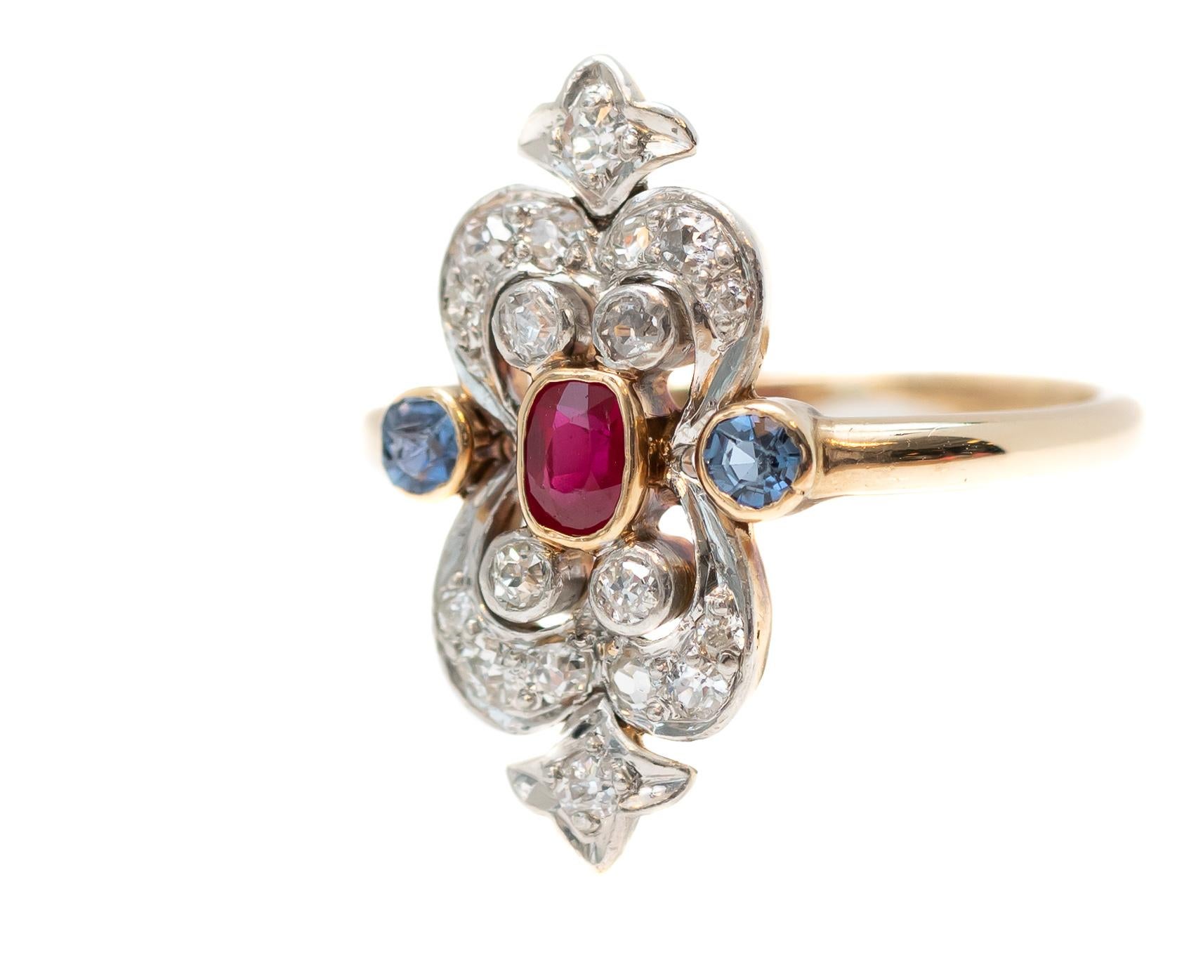 Cushion Cut 1910s Victorian Ruby, Sapphire and Diamond Two-Tone Shield Ring