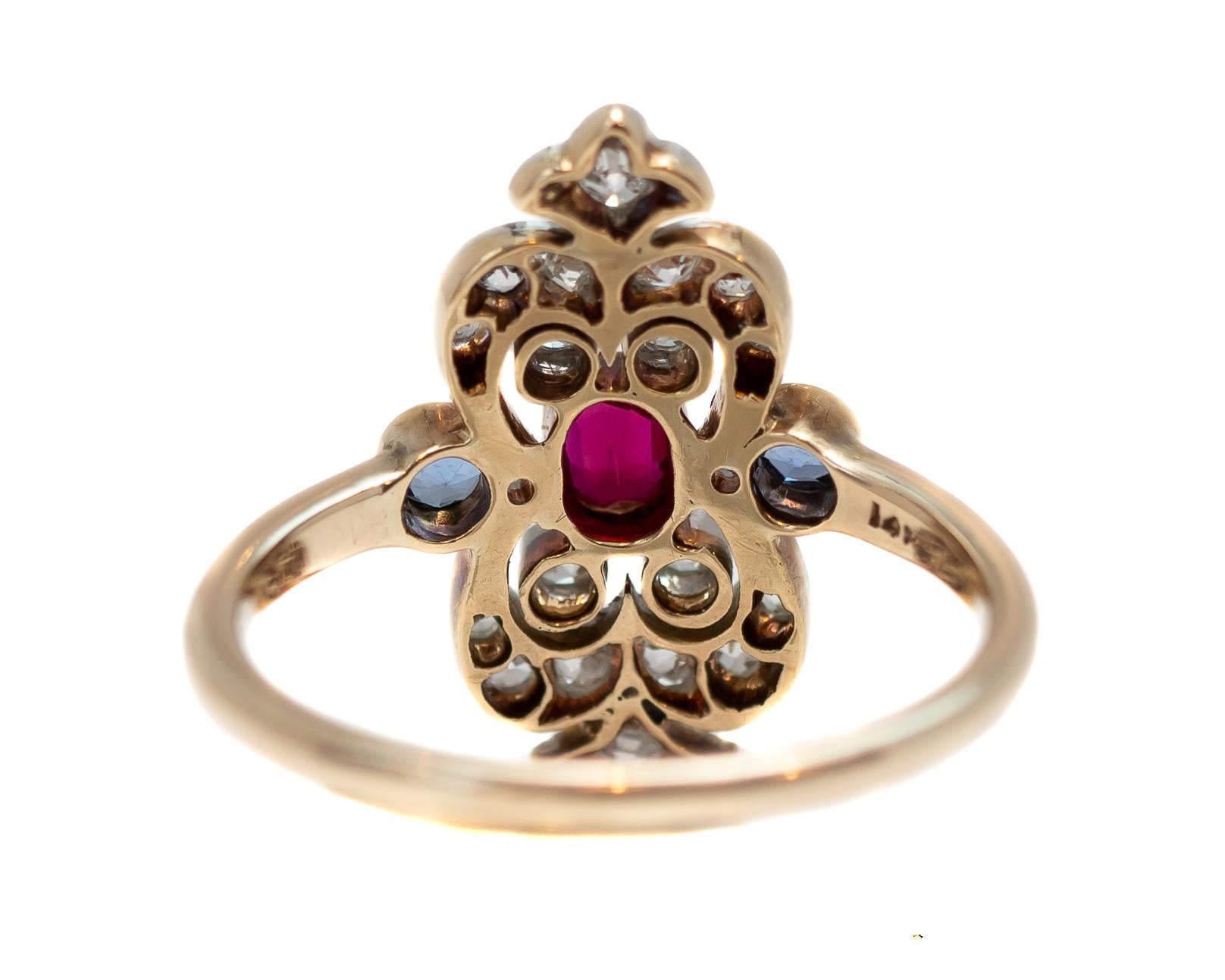 1910s Victorian Ruby, Sapphire and Diamond Two-Tone Shield Ring In Good Condition In Atlanta, GA