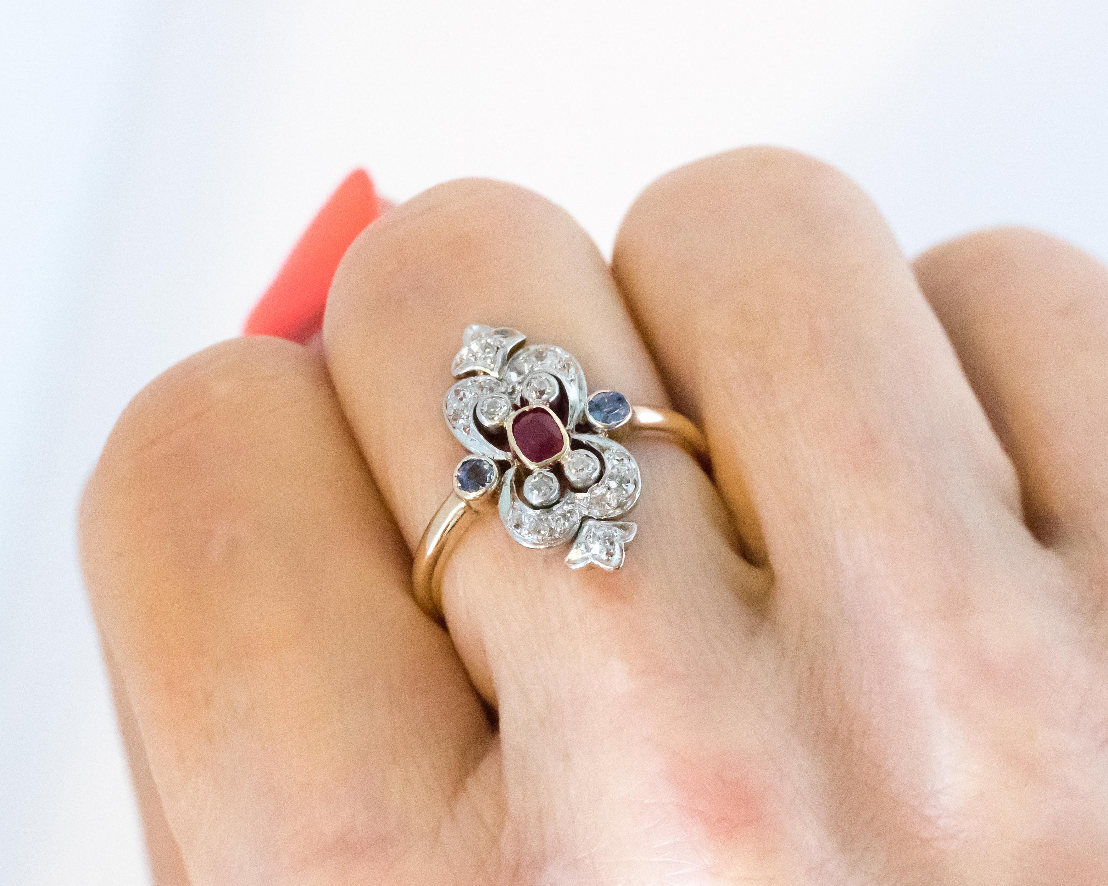 1910s Victorian Ruby, Sapphire and Diamond Two-Tone Shield Ring 2