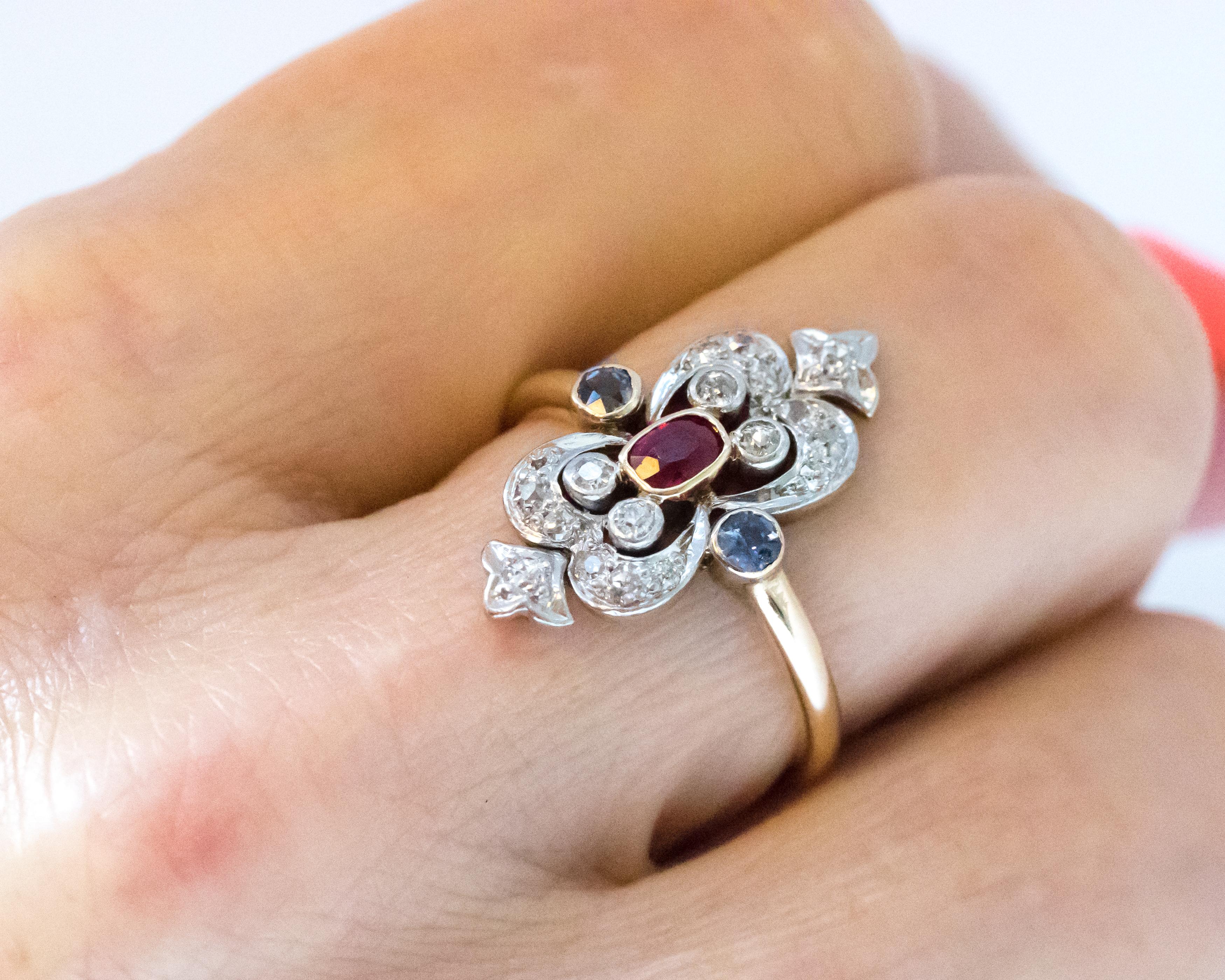 1910s Victorian Ruby, Sapphire and Diamond Two-Tone Shield Ring 3
