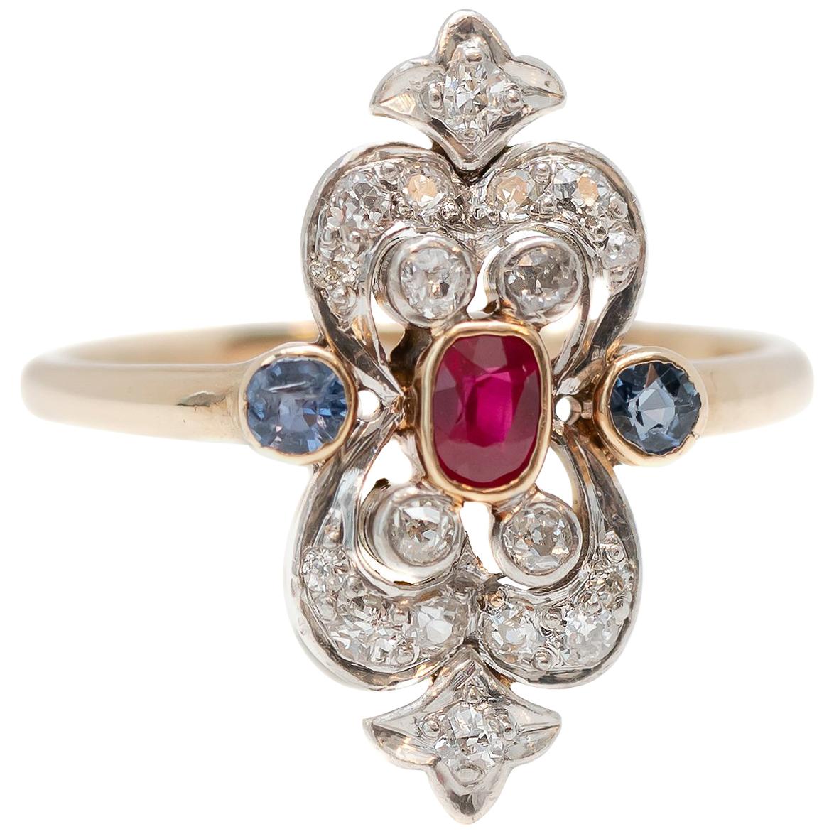 1910s Victorian Ruby, Sapphire and Diamond Two-Tone Shield Ring