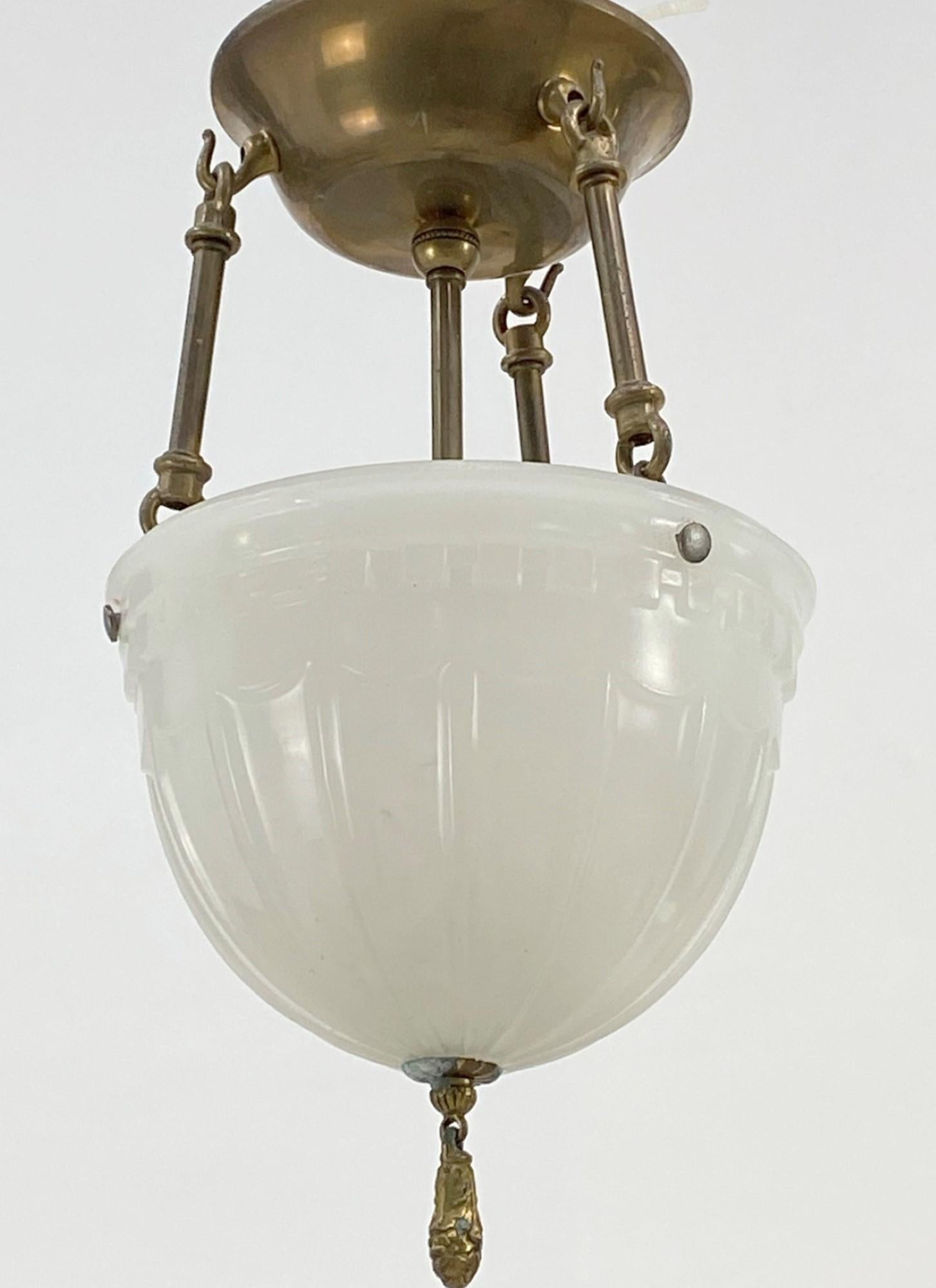 American 1910s Victorian Semi Flush Pendant Light Fluted Hardware Milk Glass Shade