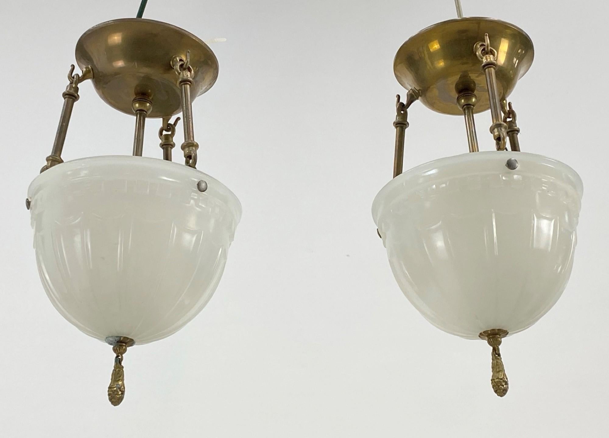 Early 20th Century 1910s Victorian Semi Flush Pendant Light Fluted Hardware Milk Glass Shade