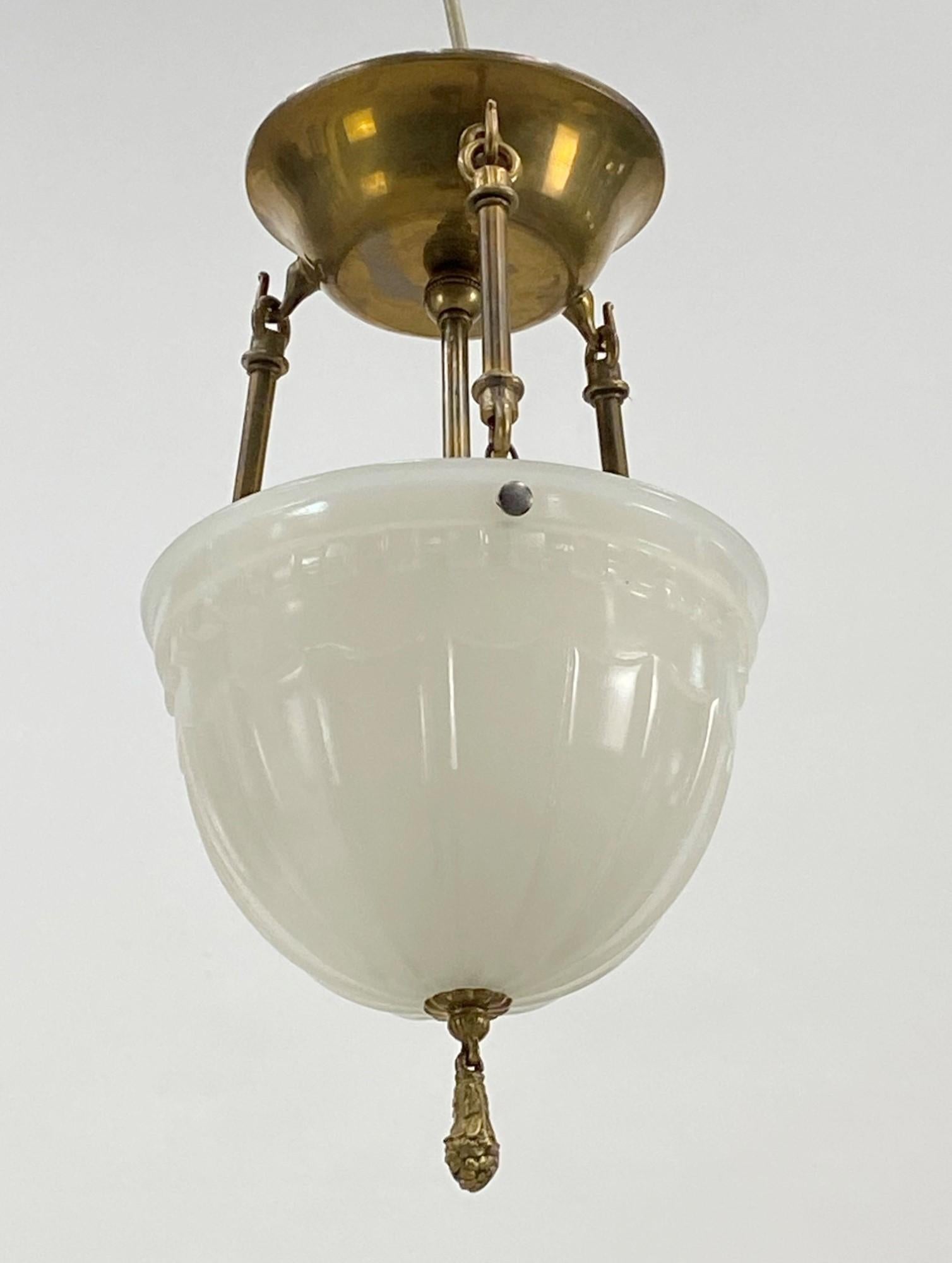 Brass 1910s Victorian Semi Flush Pendant Light Fluted Hardware Milk Glass Shade