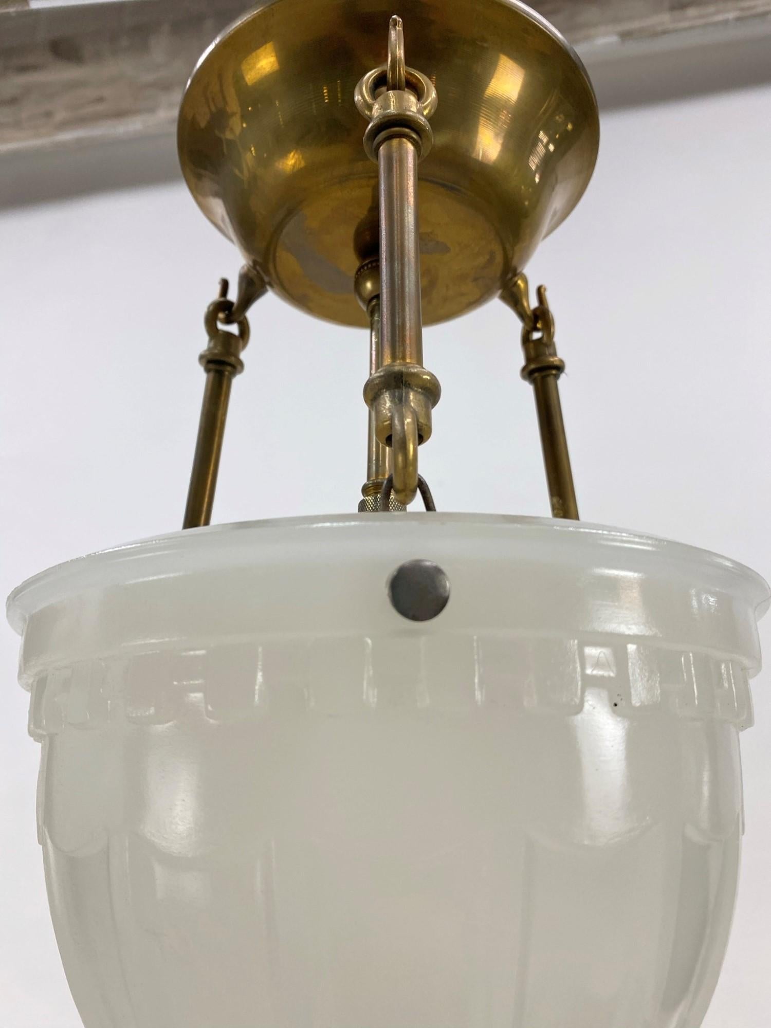 1910s Victorian Semi Flush Pendant Light Fluted Hardware Milk Glass Shade 1