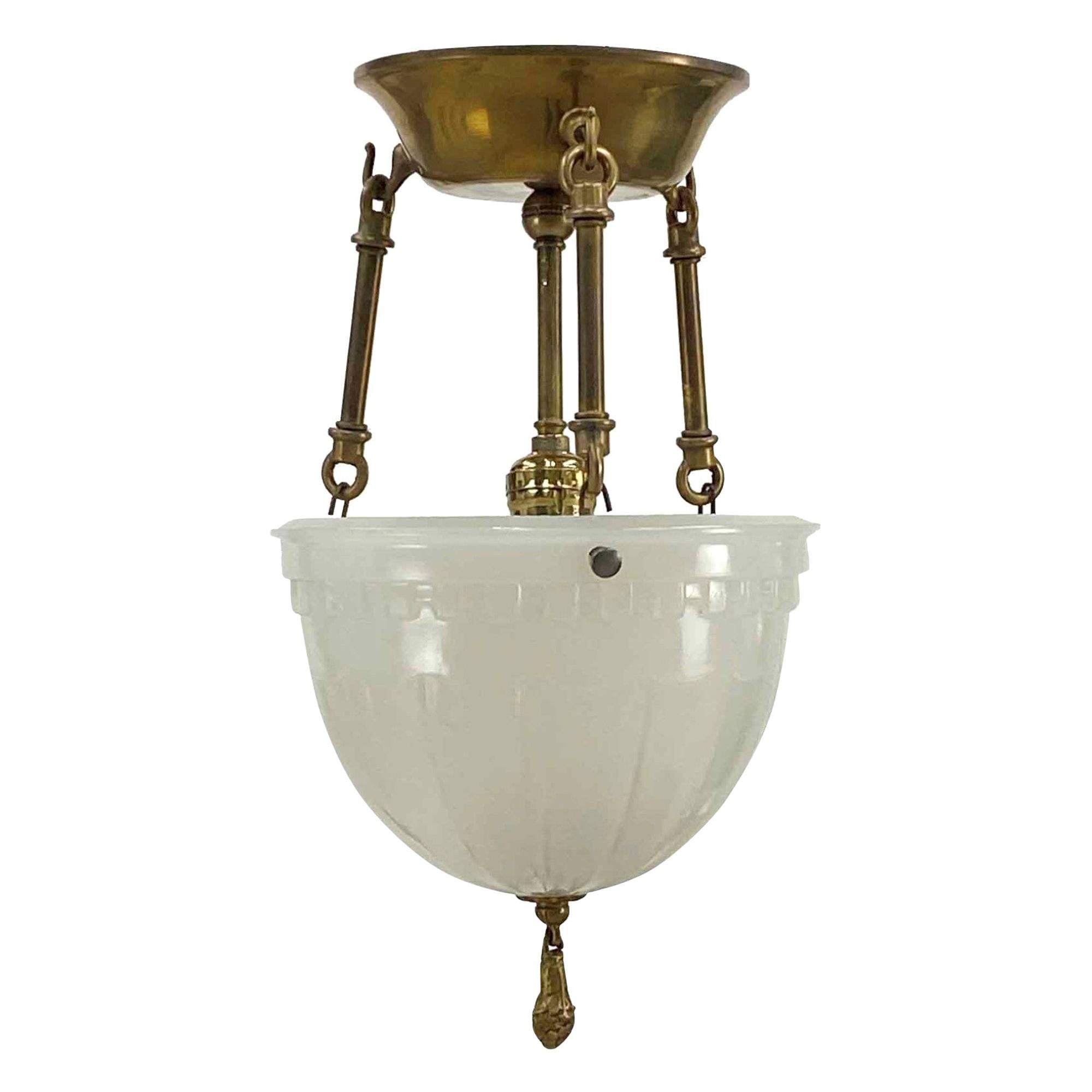 1910s Victorian Semi Flush Pendant Light Fluted Hardware Milk Glass Shade