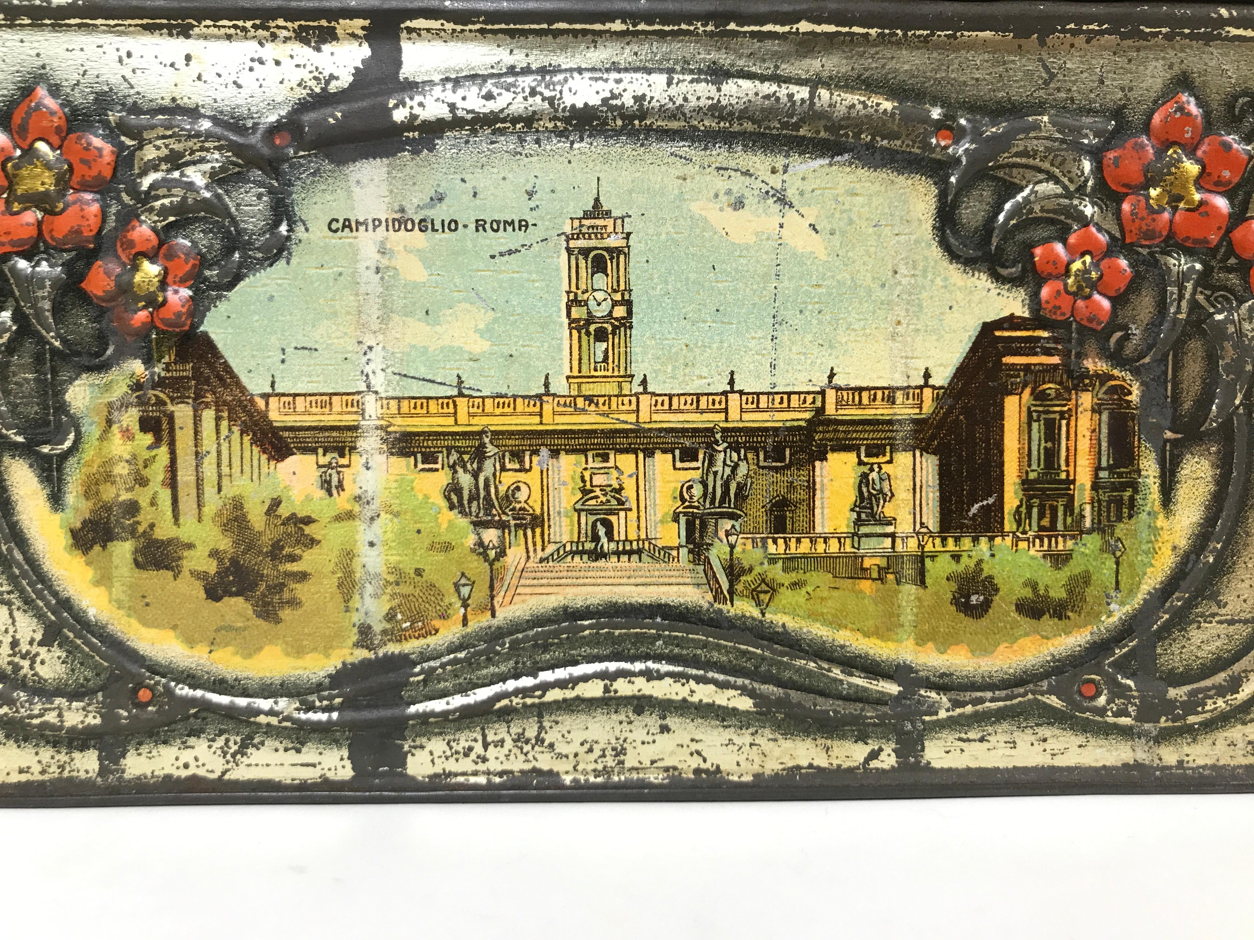 1910s Vintage Italian Screen Printed Tin Box with Panoramic Views of Rome For Sale 1