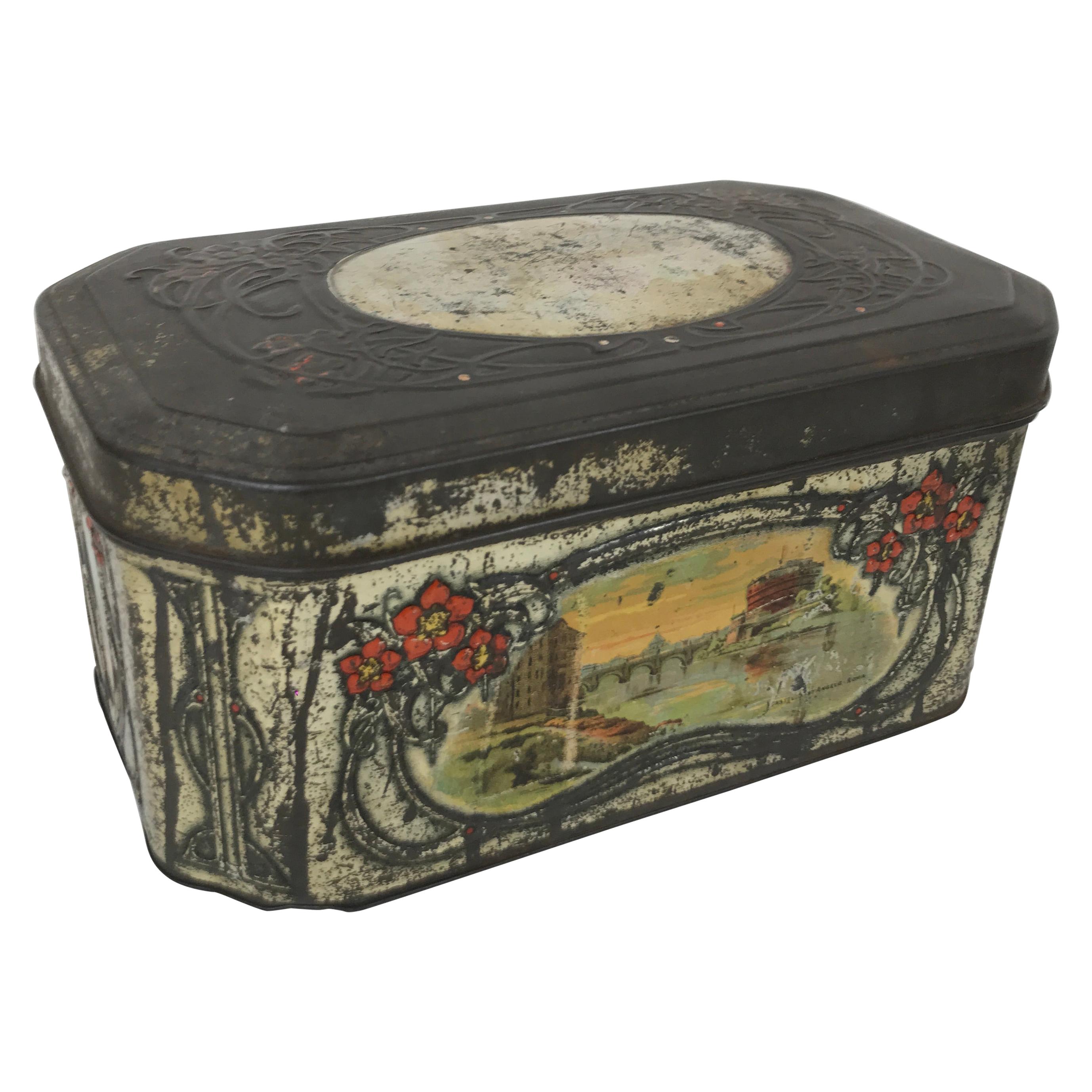 1910s Vintage Italian Screen Printed Tin Box with Panoramic Views of Rome For Sale