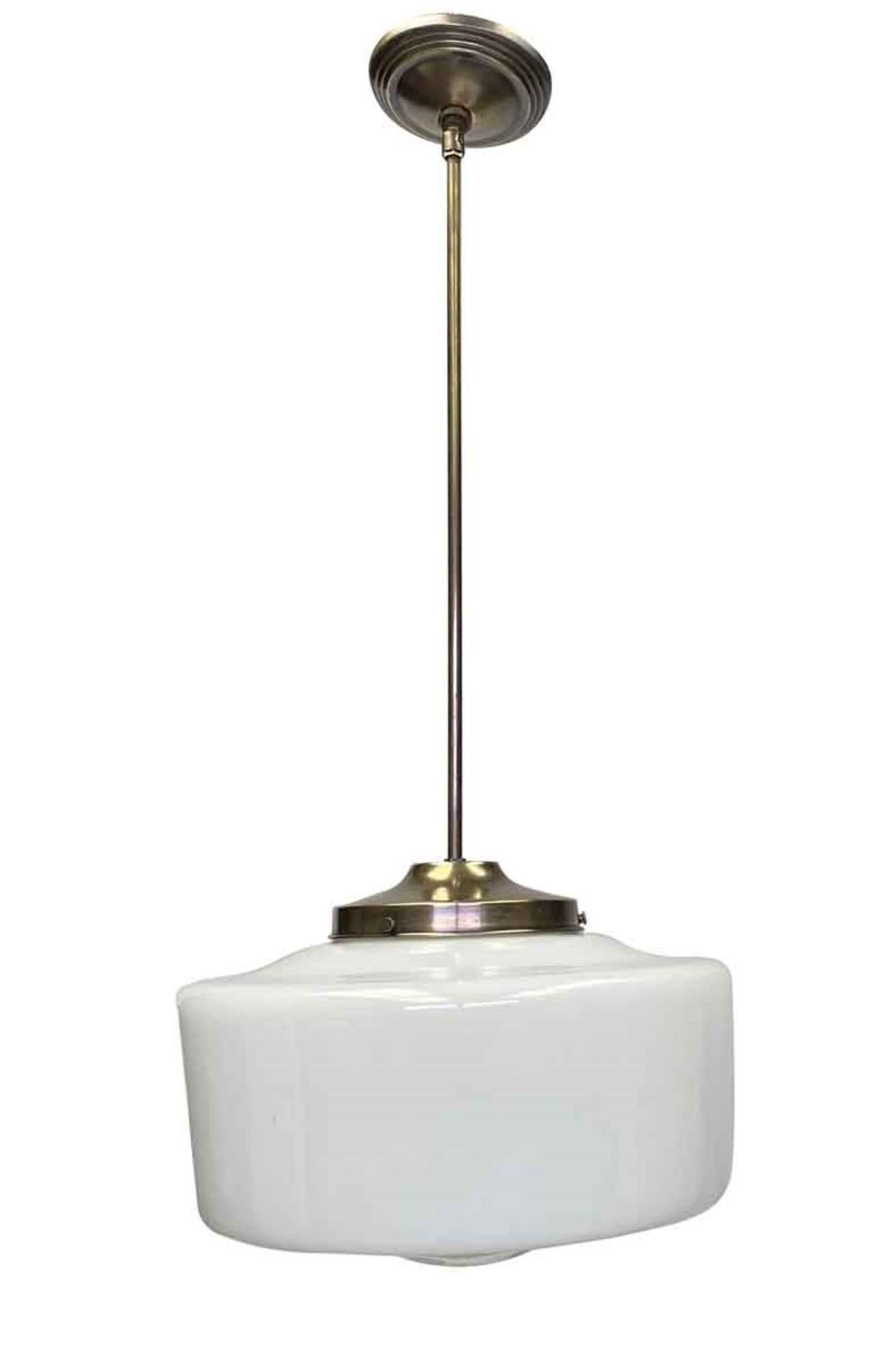 1910s White Beaver Hat Schoolhouse Globe Pole Pendant Light with Brass Hardware In Good Condition In New York, NY