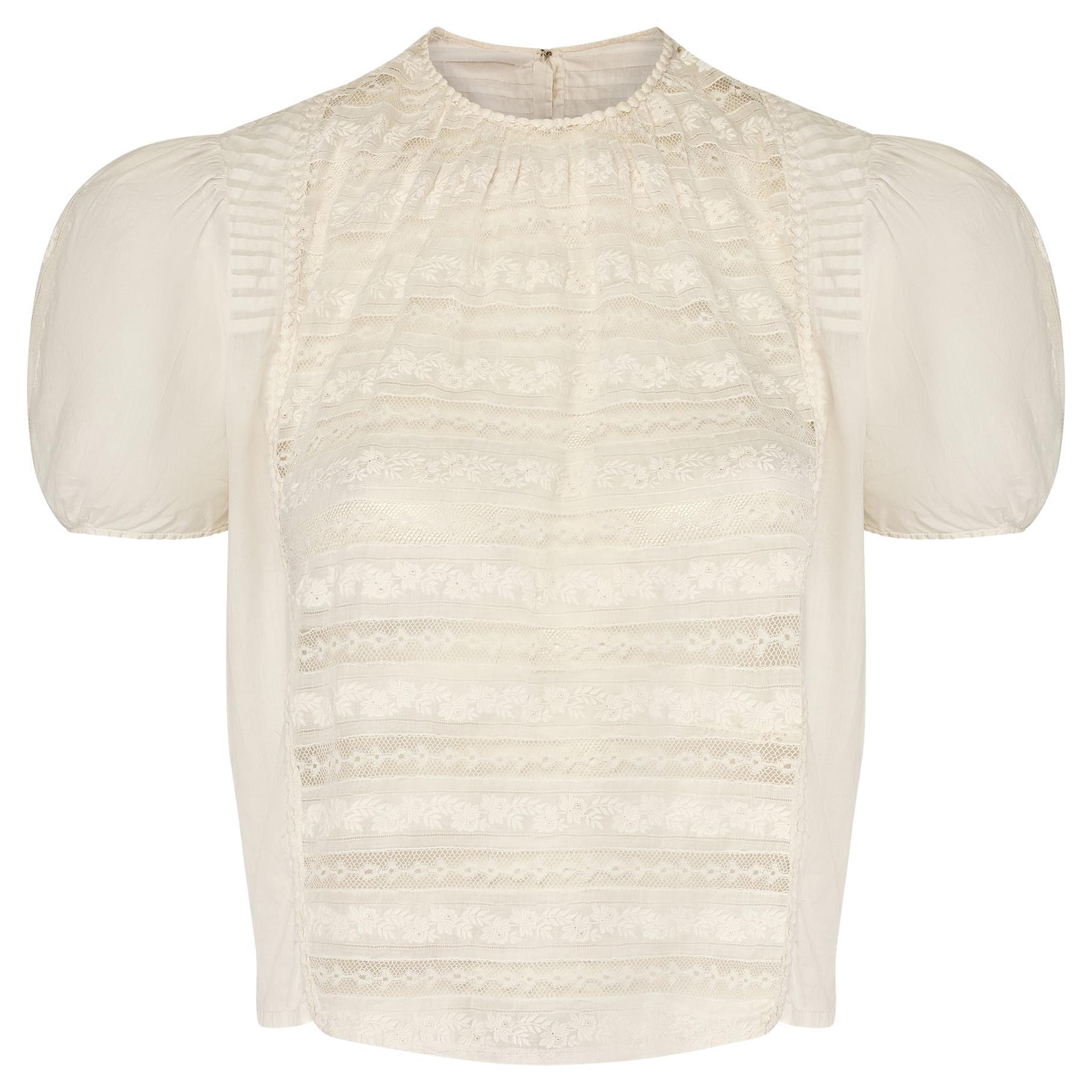 1910s White Cotton and Lace Panelled Front Blouse