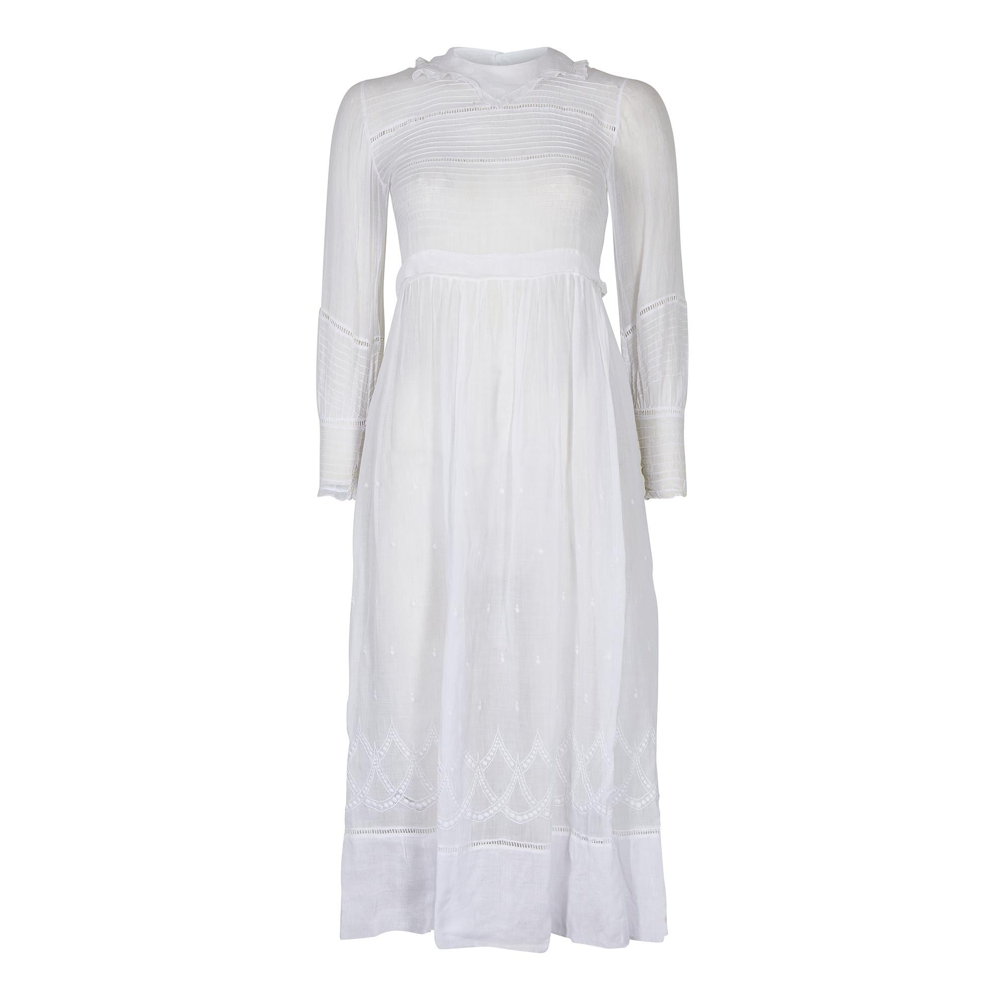 1910s White Cotton Muslin Tea Dress For Sale