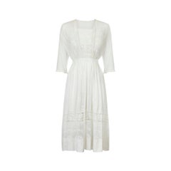 1910s White Cotton Whitework Dress with Satin Work and Filet Lace Inserts