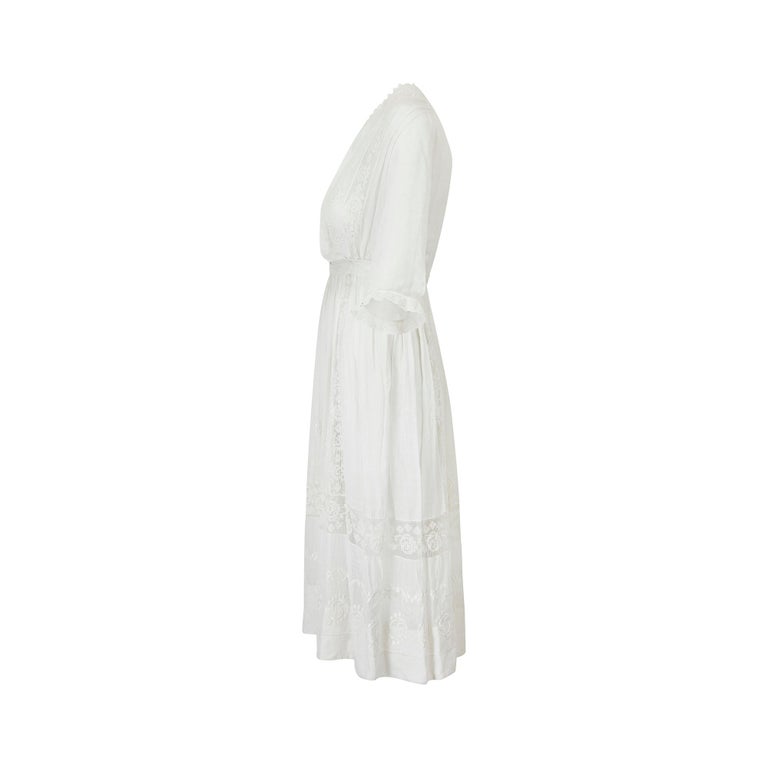 1910s White Cotton Whitework Dress with Satin Work and Filet Lace  