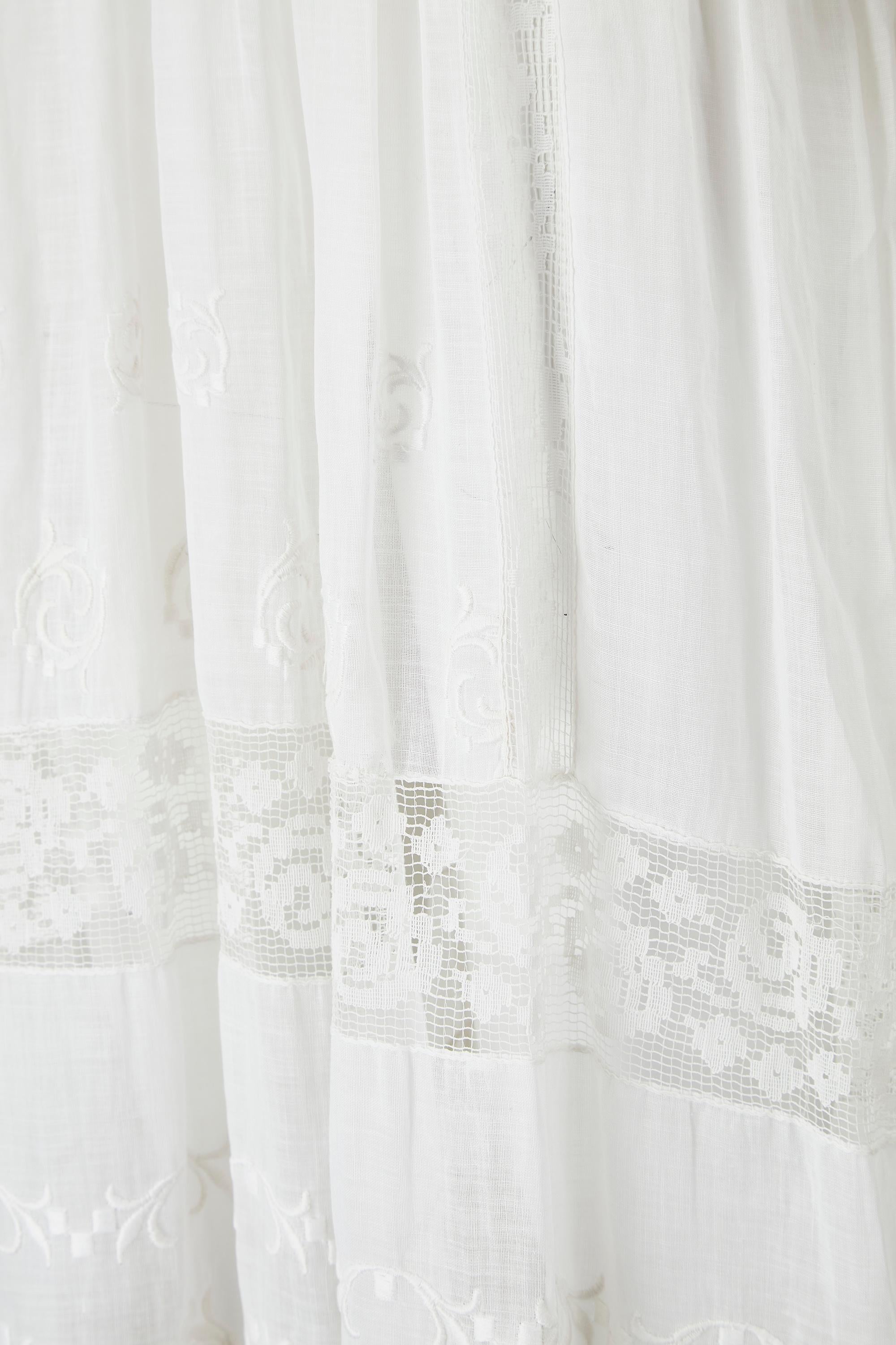 Women's 1910s White Cotton Whitework Dress with Satin Work and Filet Lace Inserts For Sale