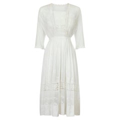 1910s White Cotton Whitework Dress with Satin Work and Filet Lace Inserts