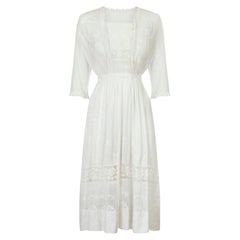 Antique 1910s White Cotton Whitework Dress with Satin Work and Filet Lace Inserts