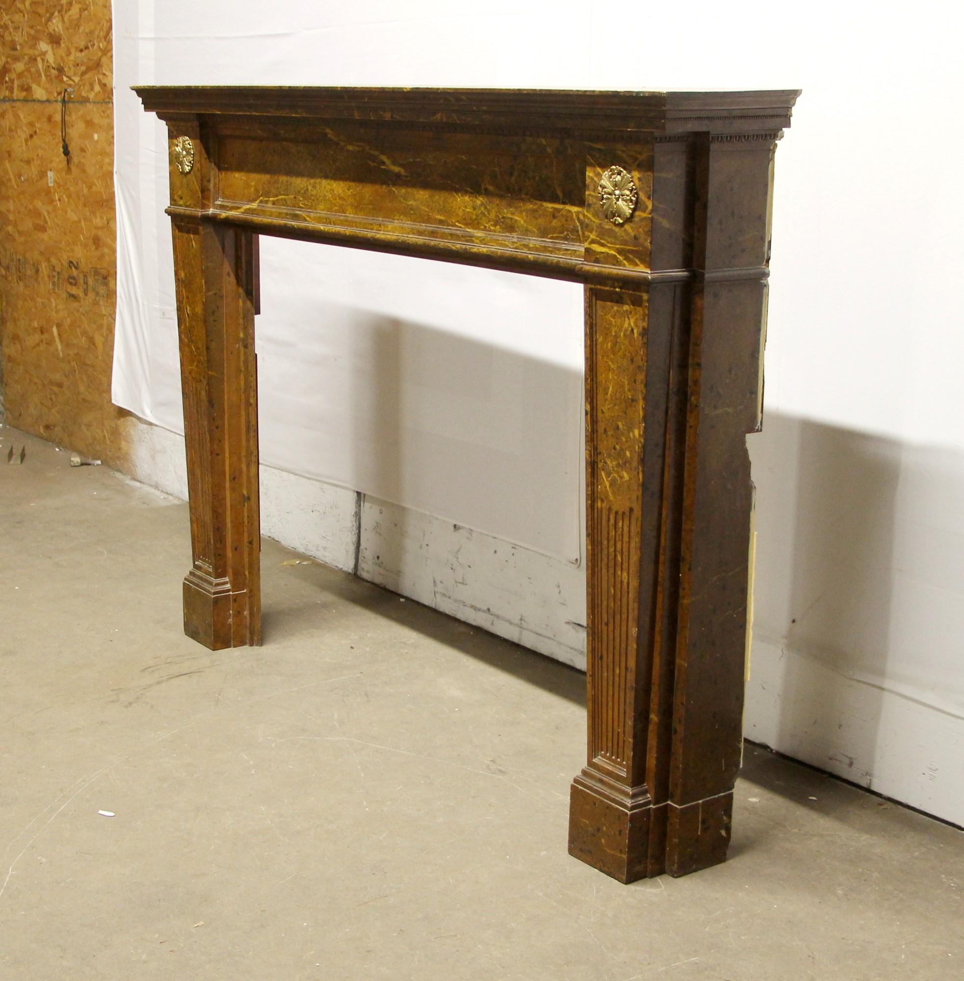 Early 20th Century 1910s Wood Regency Mantel Done in a Faux Marble Look 2 Brass Florets