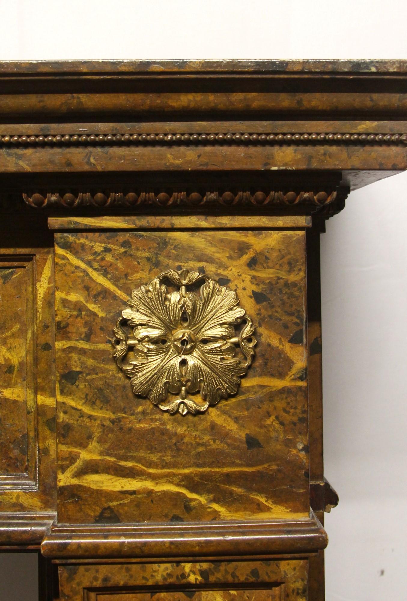 1910s Wood Regency Mantel Done in a Faux Marble Look 2 Brass Florets 1