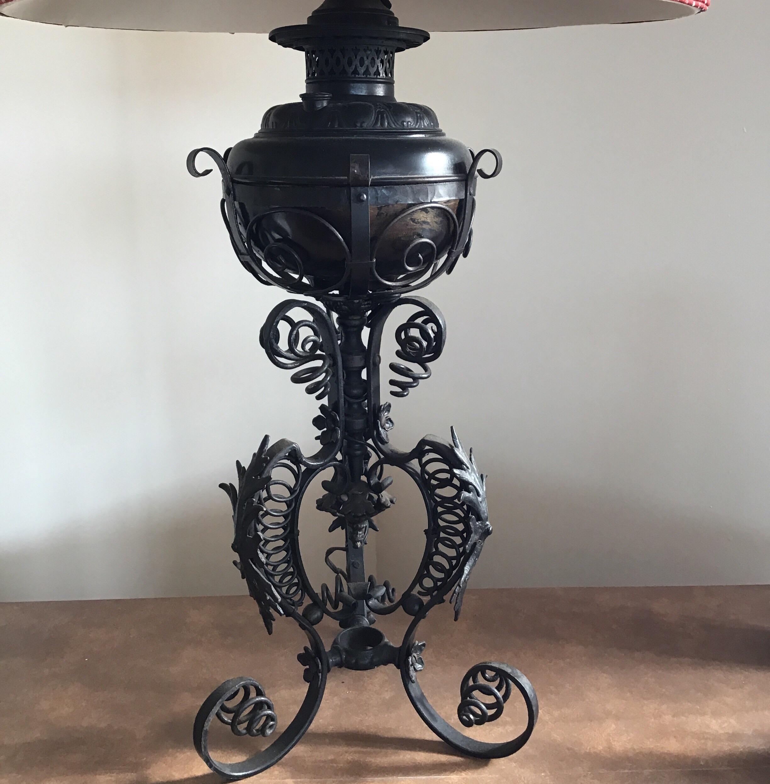 1910s Converted  Wrought Iron oil  lantern to Single Lamp In Good Condition In Douglas Manor, NY