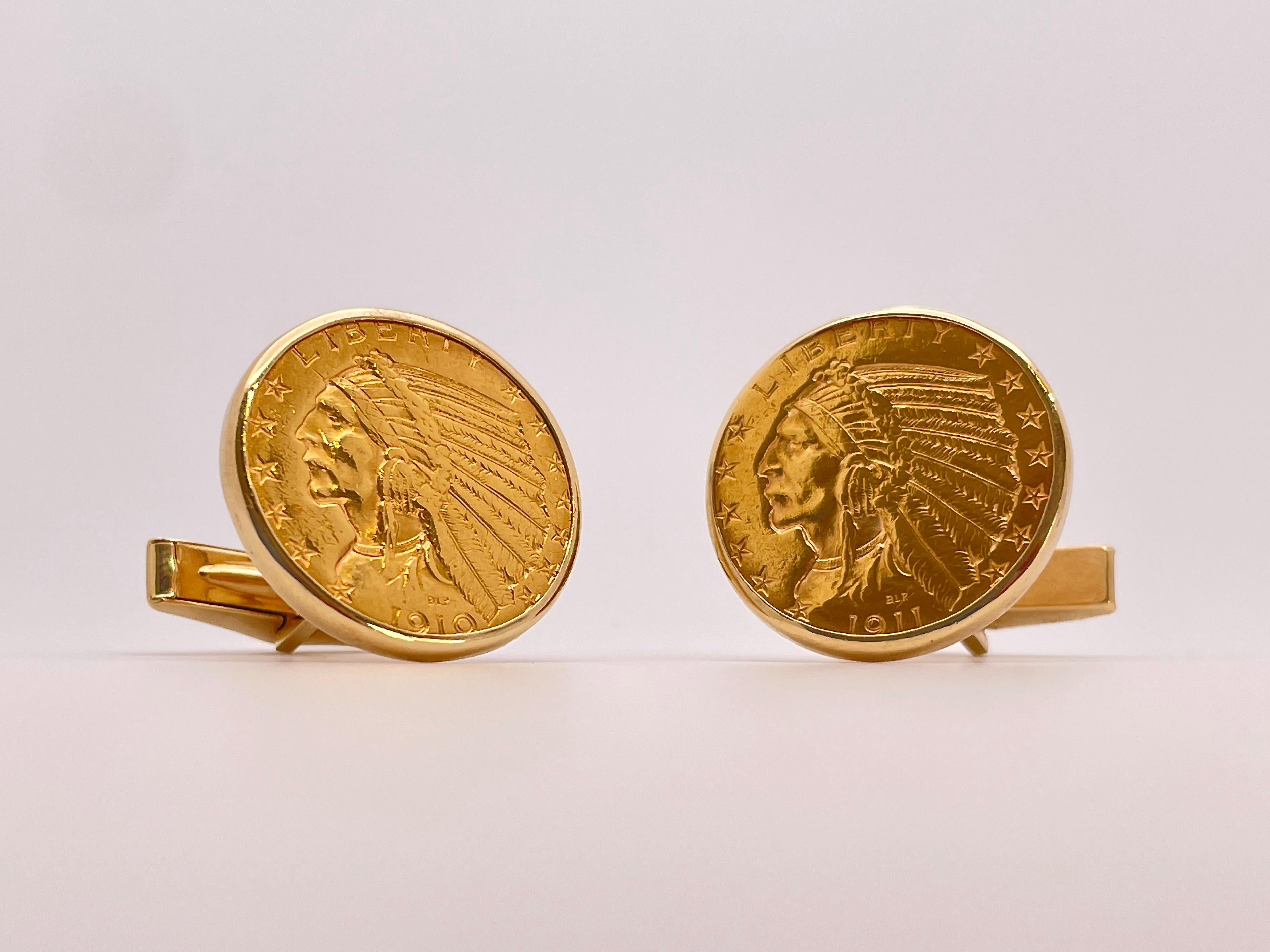 A 1911 $5 Indian Half Eagle gold coin and a 1910 $5 Indian Half Eagle gold coin, mounted in a pair of 14K yellow gold cufflinks signed 