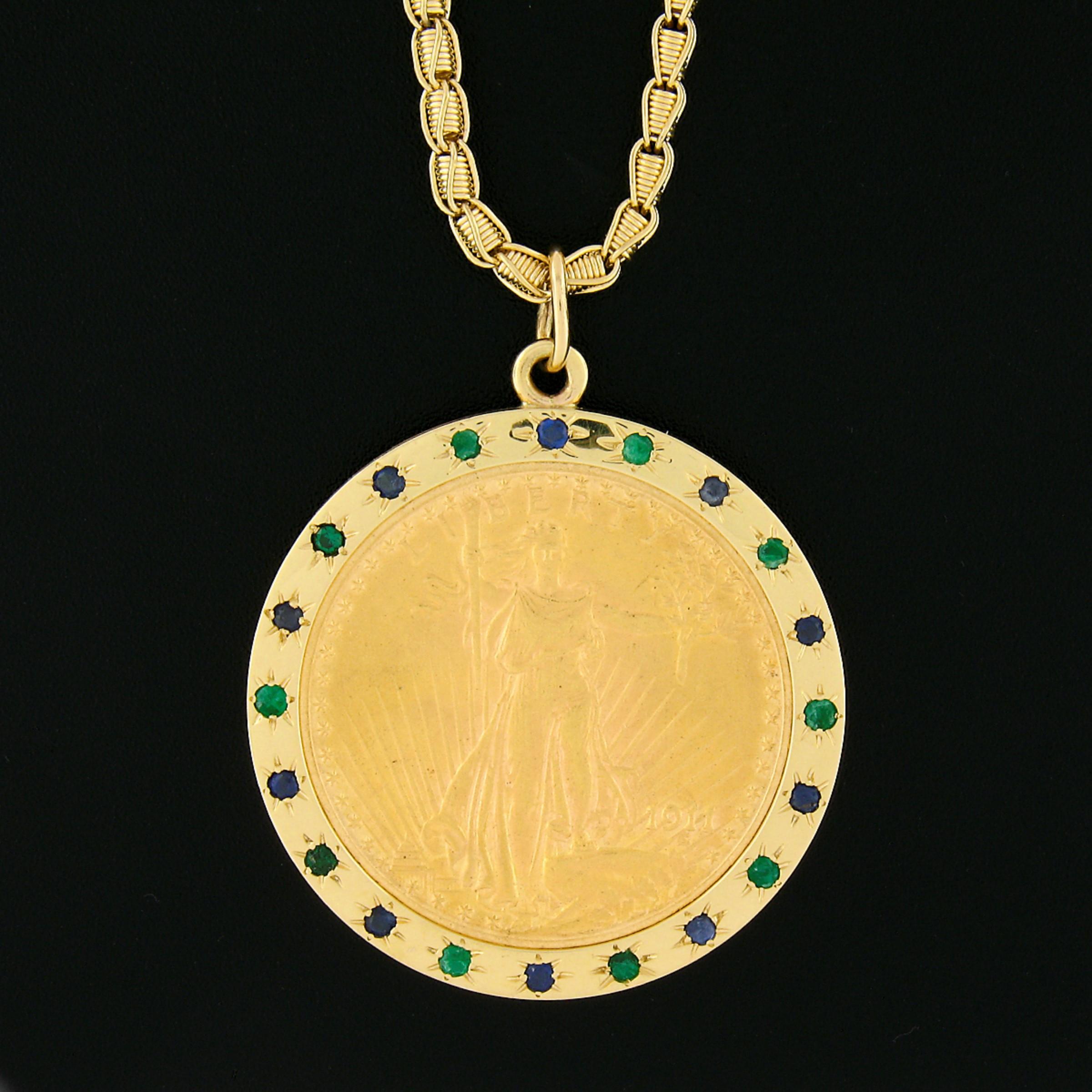 This large and impressive pendant necklace was crafted from solid 14k yellow gold and features a 1911 twenty dollar coin piece neatly bezel set at the center. The coin is surrounded by a nice polished finish frame that is adorned with an alternating