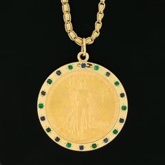 1911 20 Dollar Coin Pendant w/ Unique Chain & 14k Gold Emerald Sapphire Frame