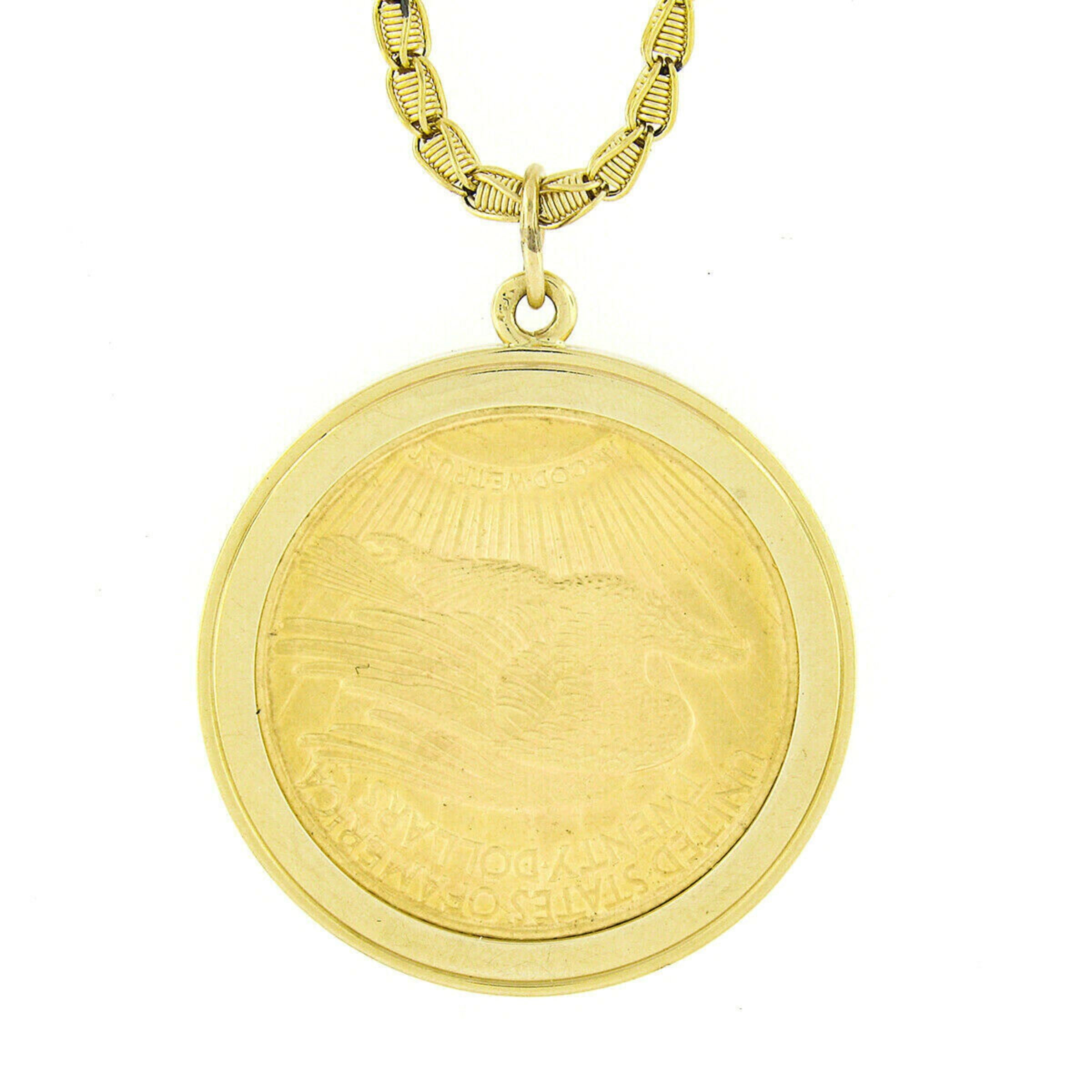 1911 20 Dollar Coin Pendant w/ Unique Chain & 14k Gold Emerald Sapphire Frame In Good Condition In Montclair, NJ