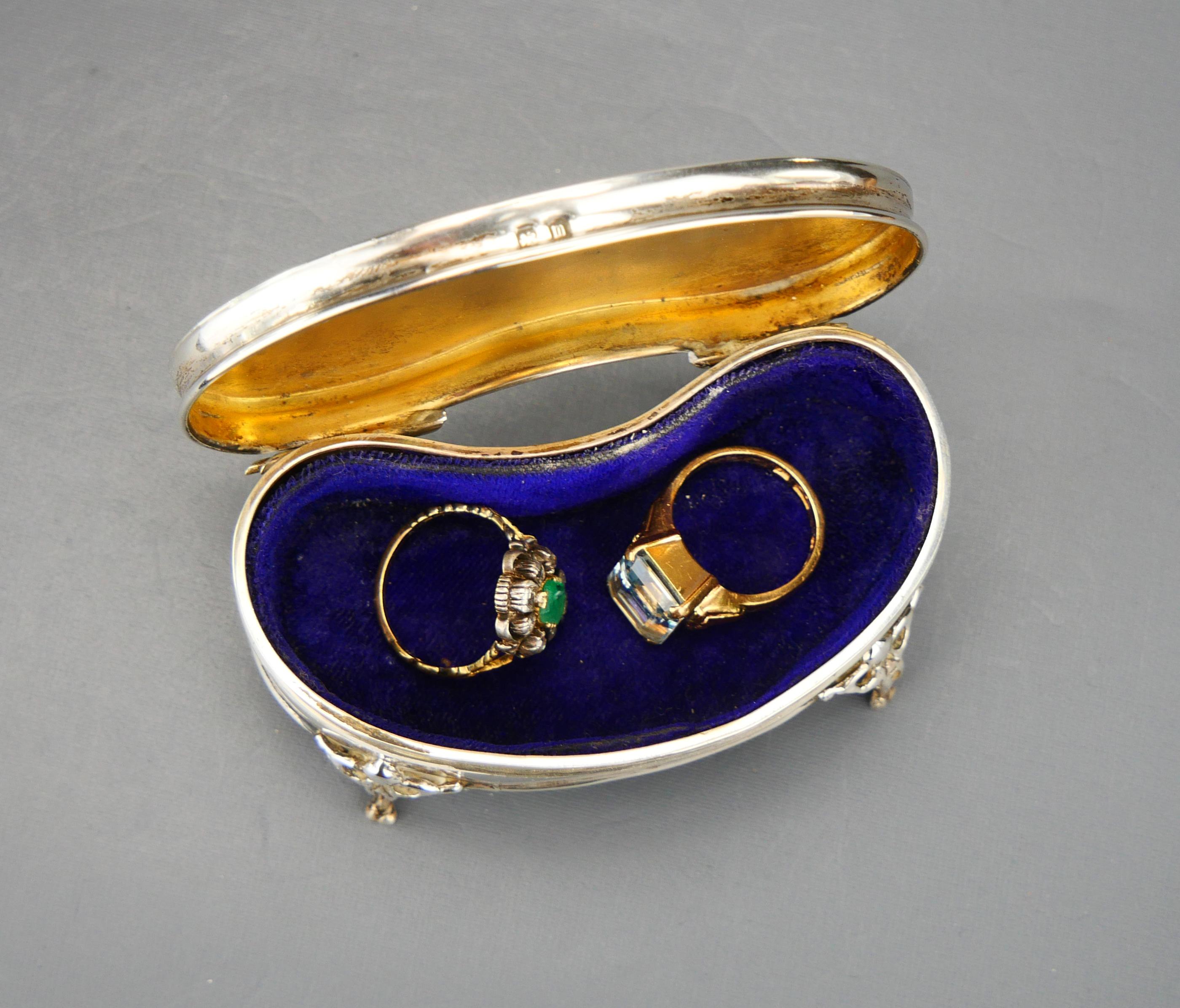  1911 Antique British Kidney Jewelry Vanity Ring Box 925 Sterling Silver / 65gr Unisexe 