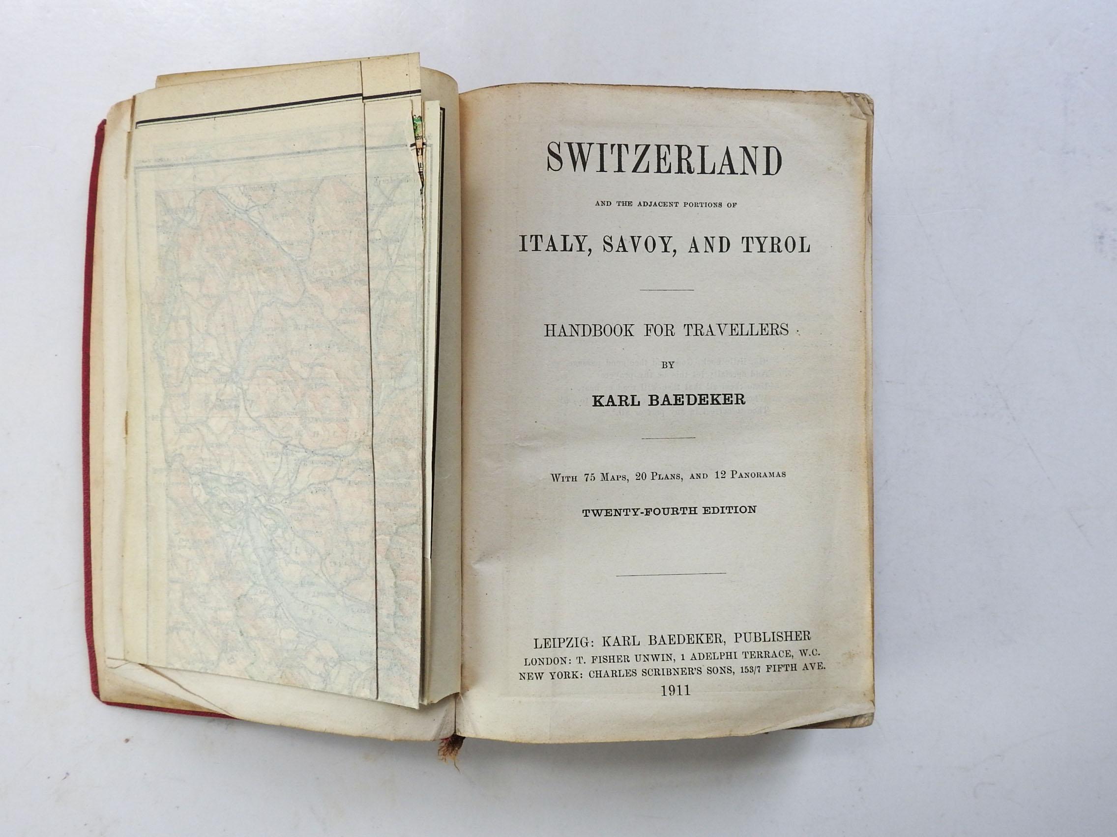 Baedeker's Switzerland. Handbook for travelers by Karl Baedeker. Published by Baedeker, Leipzig, 1911. Since the 1830's Baedeker set the standard for authoritative pocket guidebooks for tourists. Detailed information, sometimes rude and non PC