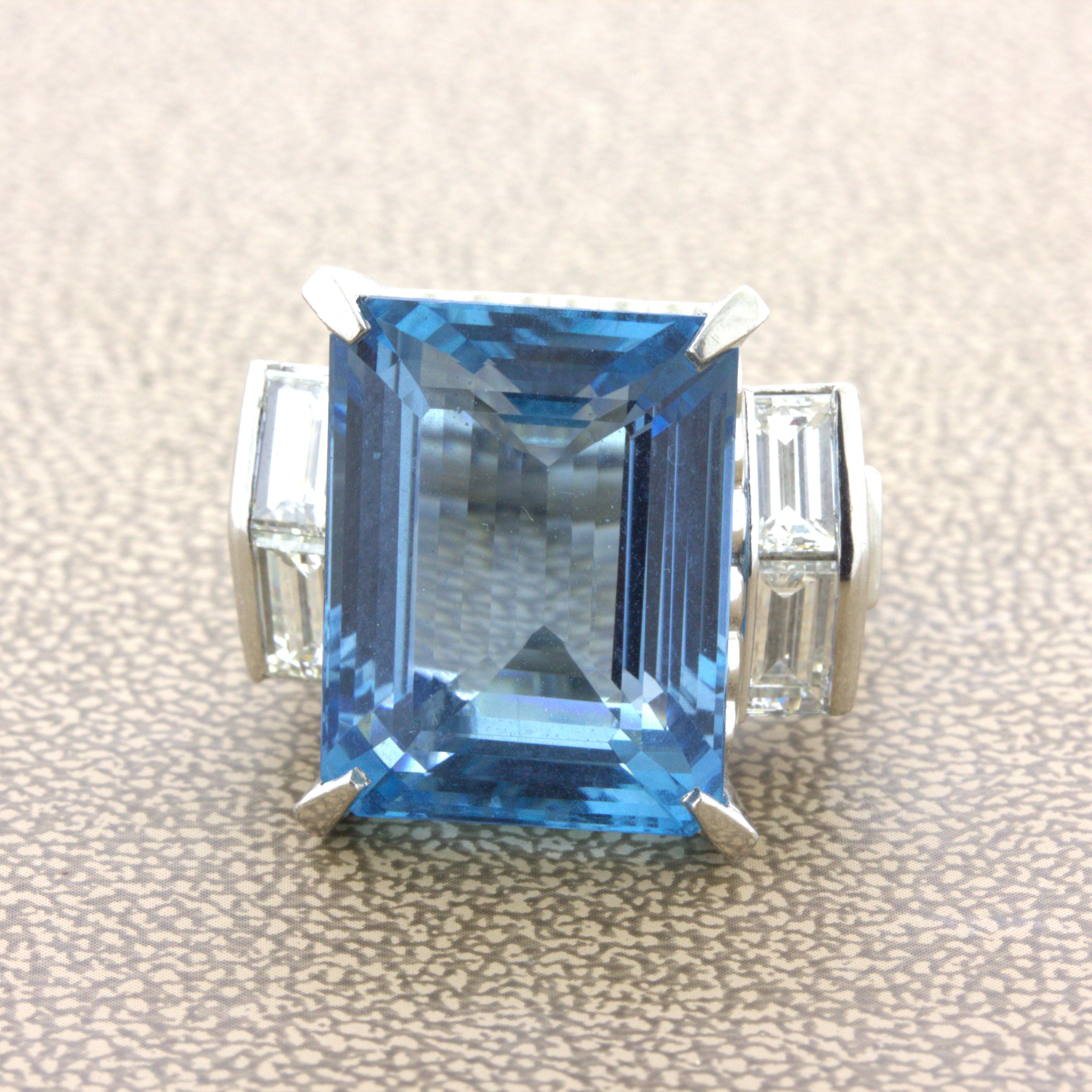 Emerald Cut 19.11 Carat Aquamarine Diamond Platinum Cocktail Ring For Sale